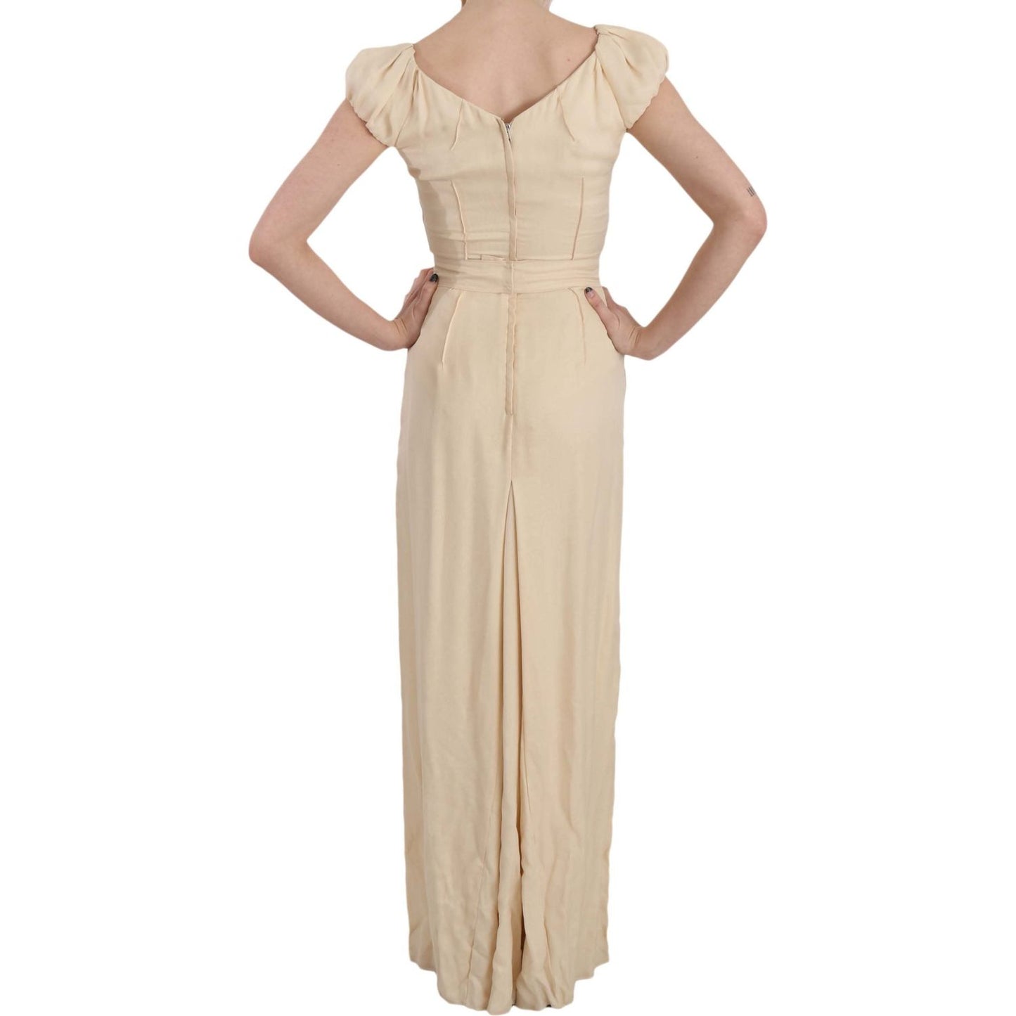 Dolce & Gabbana Silk Column Garterized Sleeve Gown Dresses Dolce & Gabbana Tan