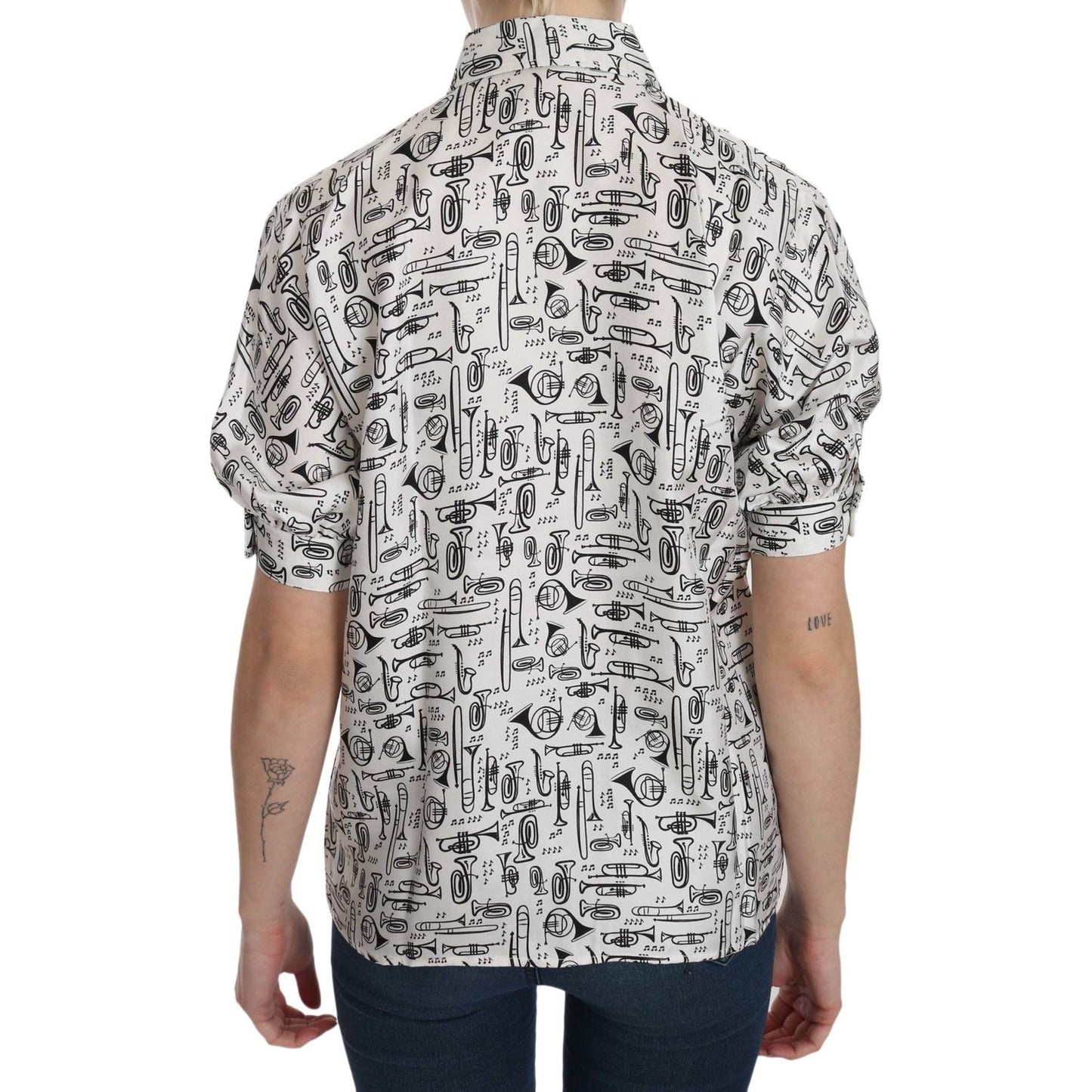 Dolce & Gabbana Musical Instrument Print Silk Collared Top Dolce & Gabbana Gray