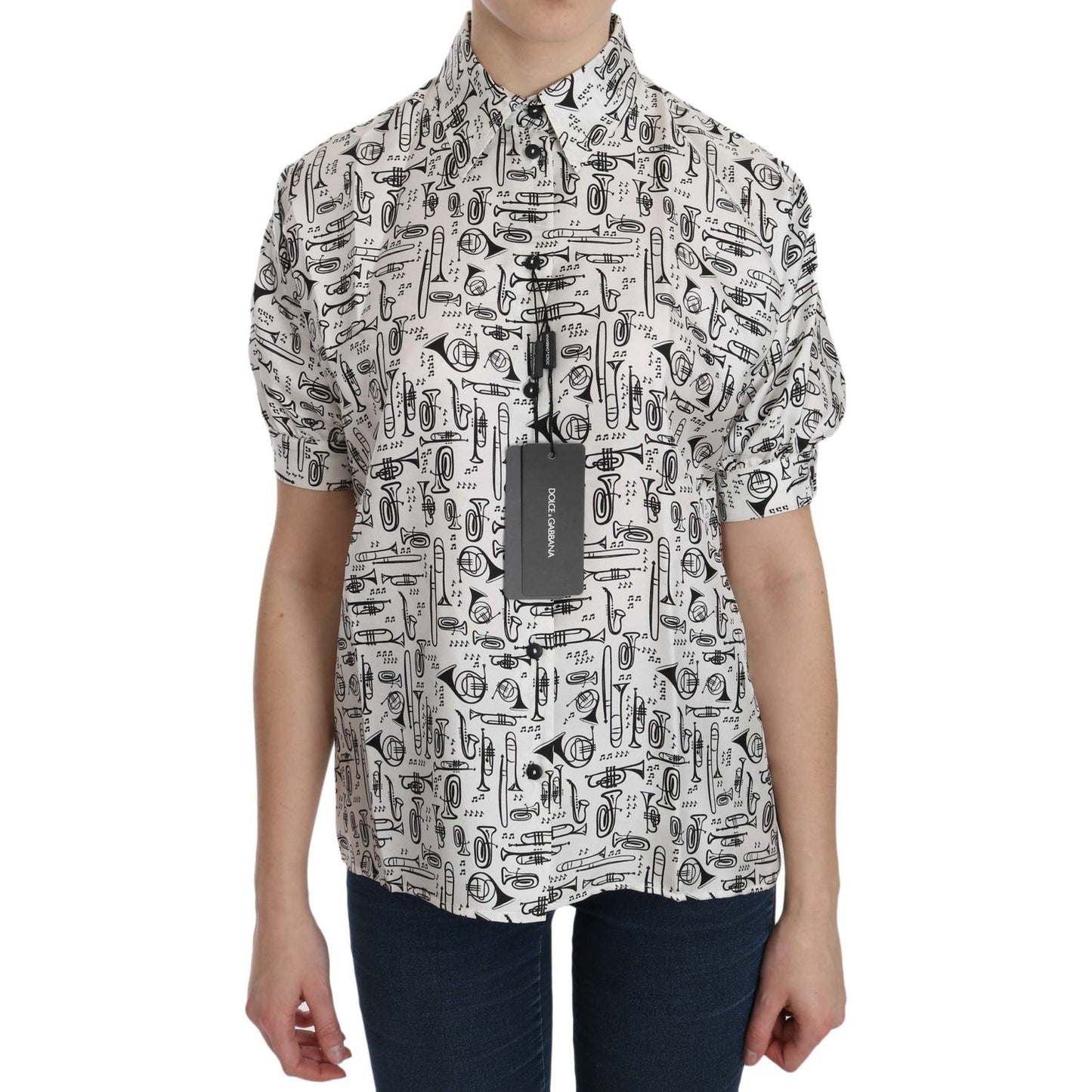 Dolce & Gabbana Musical Instrument Print Silk Collared Top Dolce & Gabbana Gray