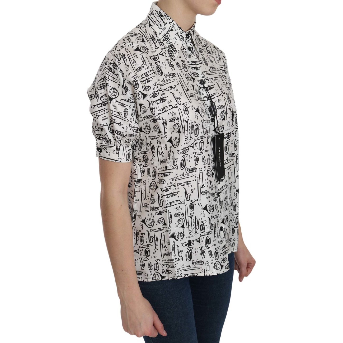Dolce & Gabbana Musical Instrument Print Silk Collared Top Dolce & Gabbana Gray