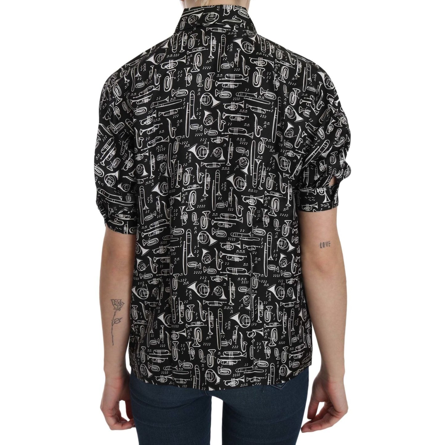 Dolce & Gabbana Elegant Musical Instrument Silk Top Dolce & Gabbana Dark Gray