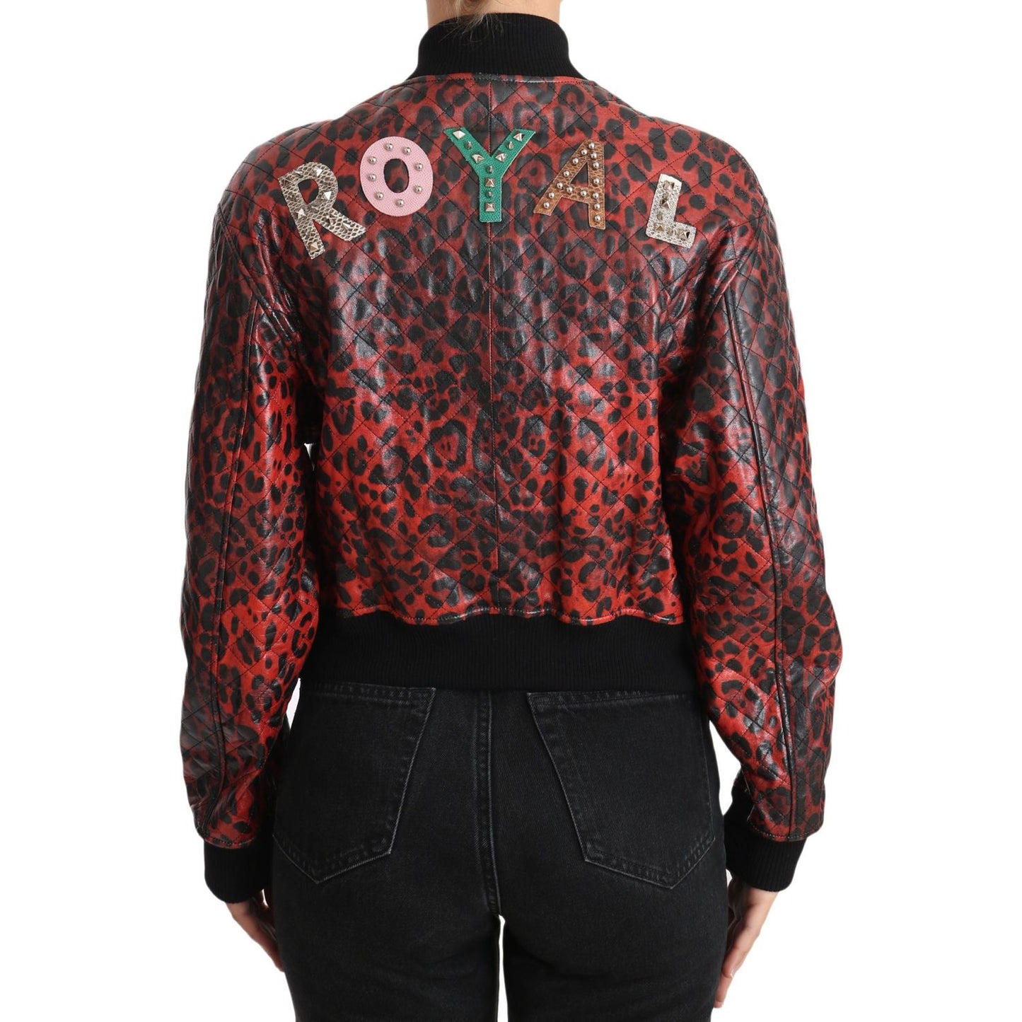 Dolce & Gabbana Red Leopard Bomber Leather Jacket with Crystal Buttons Coats & Jackets Dolce & Gabbana Black