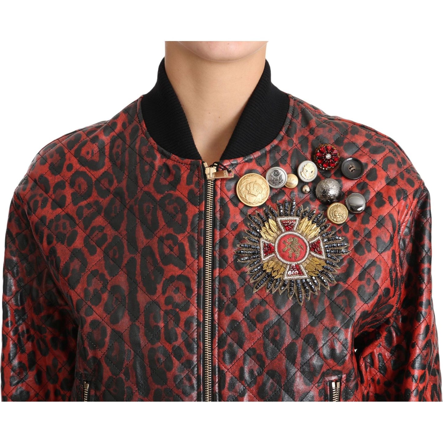 Dolce & Gabbana Red Leopard Bomber Leather Jacket with Crystal Buttons Coats & Jackets Dolce & Gabbana Dark Slate Gray