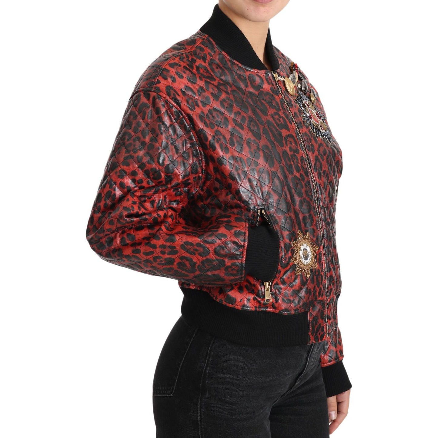Dolce & Gabbana Red Leopard Bomber Leather Jacket with Crystal Buttons Coats & Jackets Dolce & Gabbana Dark Slate Gray