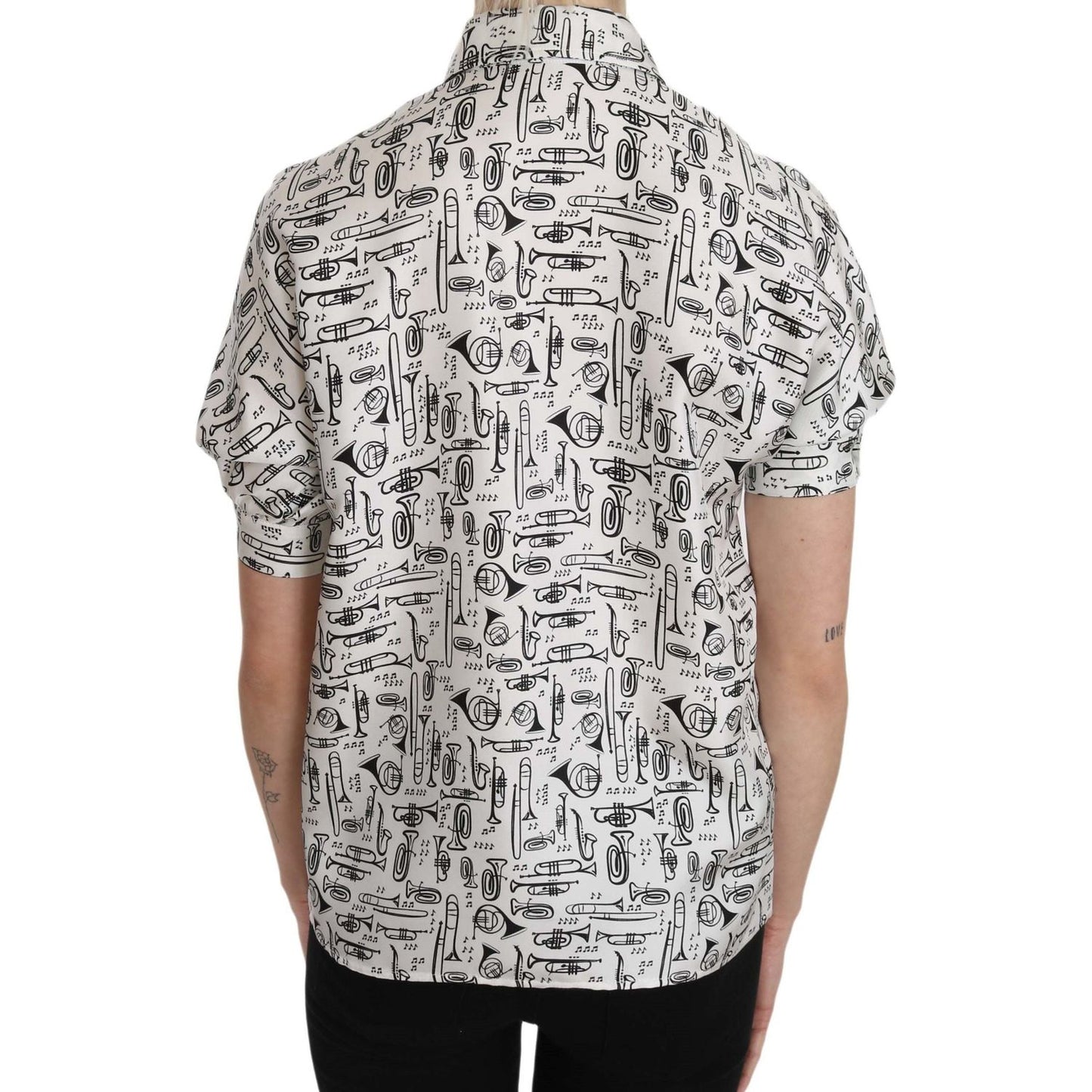Dolce & Gabbana Elegant Trumpet Print Silk Blouse Dolce & Gabbana Gray