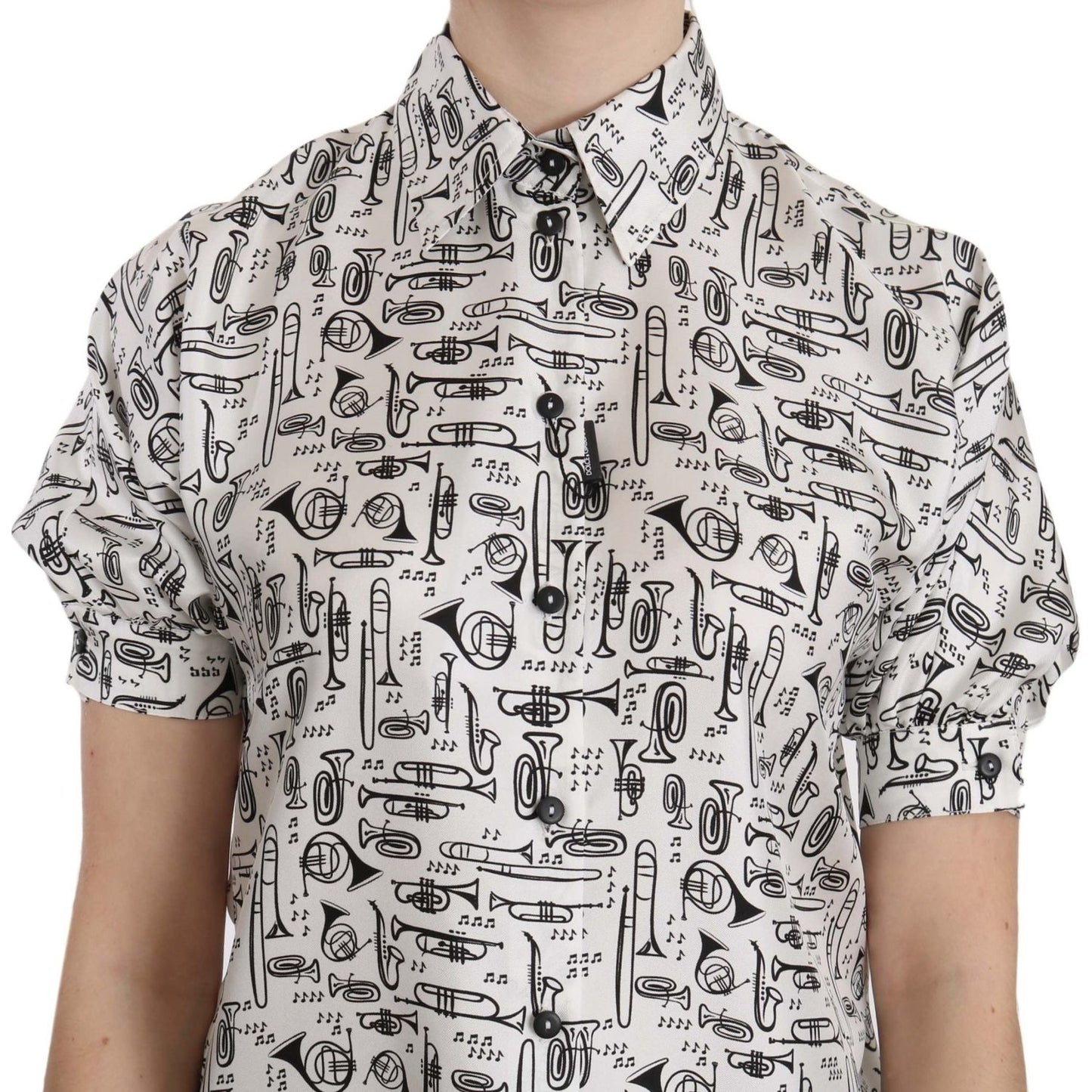 Dolce & Gabbana Elegant Trumpet Print Silk Blouse Dolce & Gabbana Gray