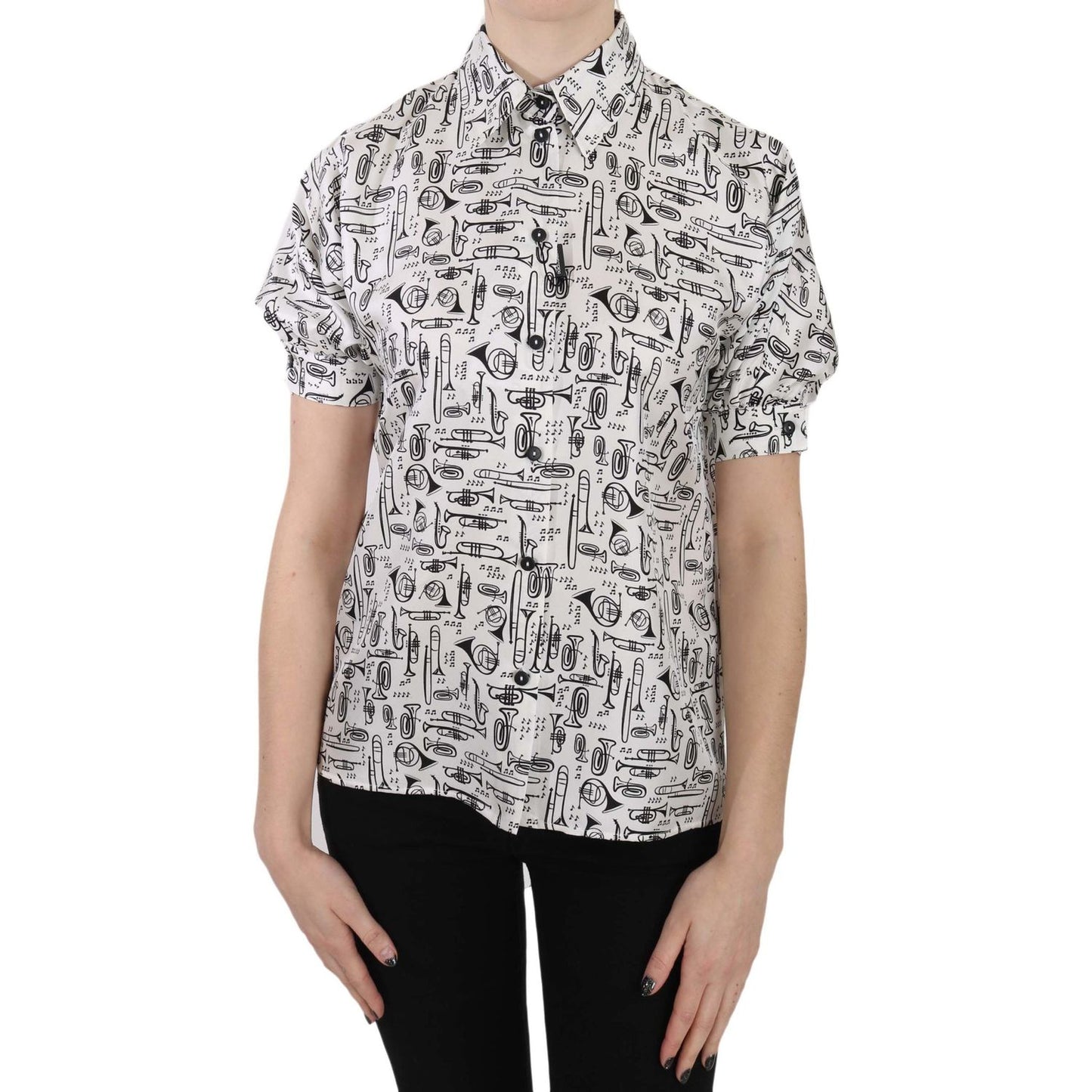 Dolce & Gabbana Elegant Trumpet Print Silk Blouse Dolce & Gabbana Gray
