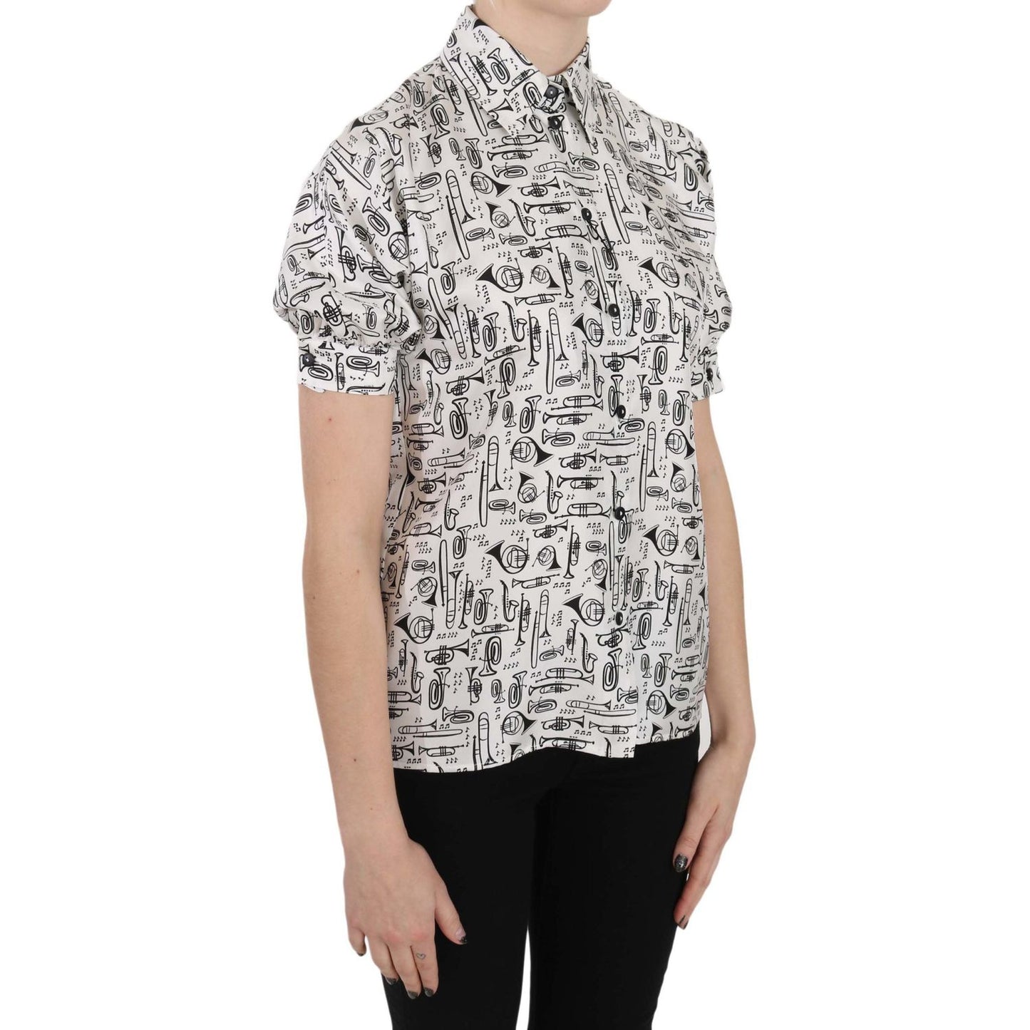 Dolce & Gabbana Elegant Trumpet Print Silk Blouse Dolce & Gabbana Black