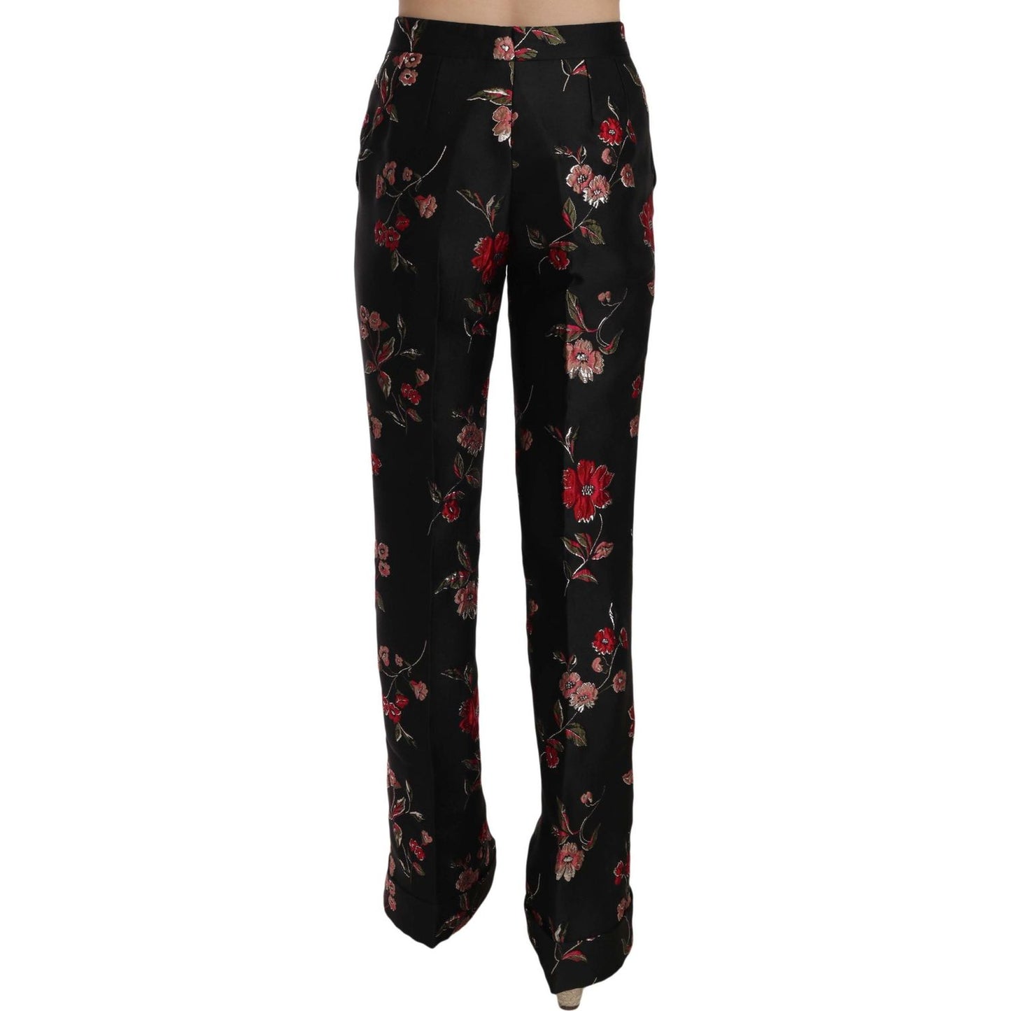 Dolce & Gabbana Floral Print Black Boot Cut Trouser Pants PAN70009-38