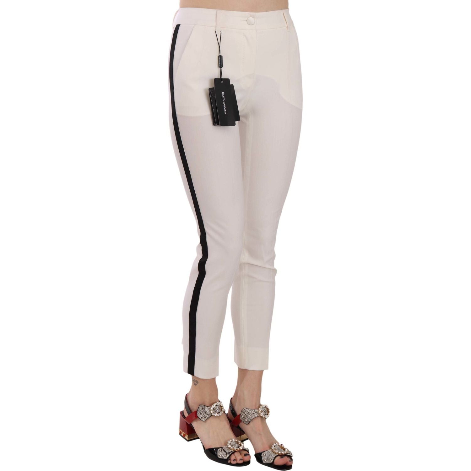 Dolce & Gabbana White Side Stripe Cropped Skinny Pants