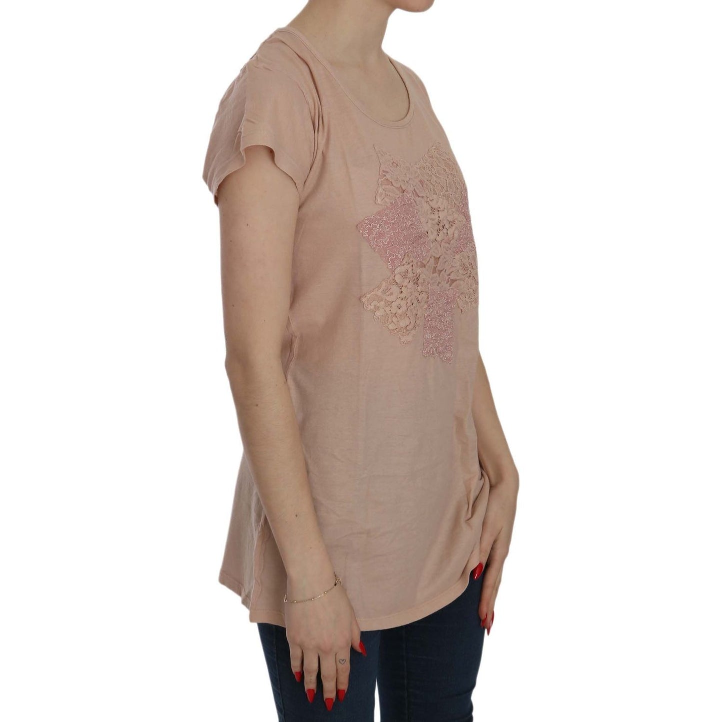 PINK MEMORIES Pink Cream Lace Short Sleeve Shirt Top Cotton Blouse