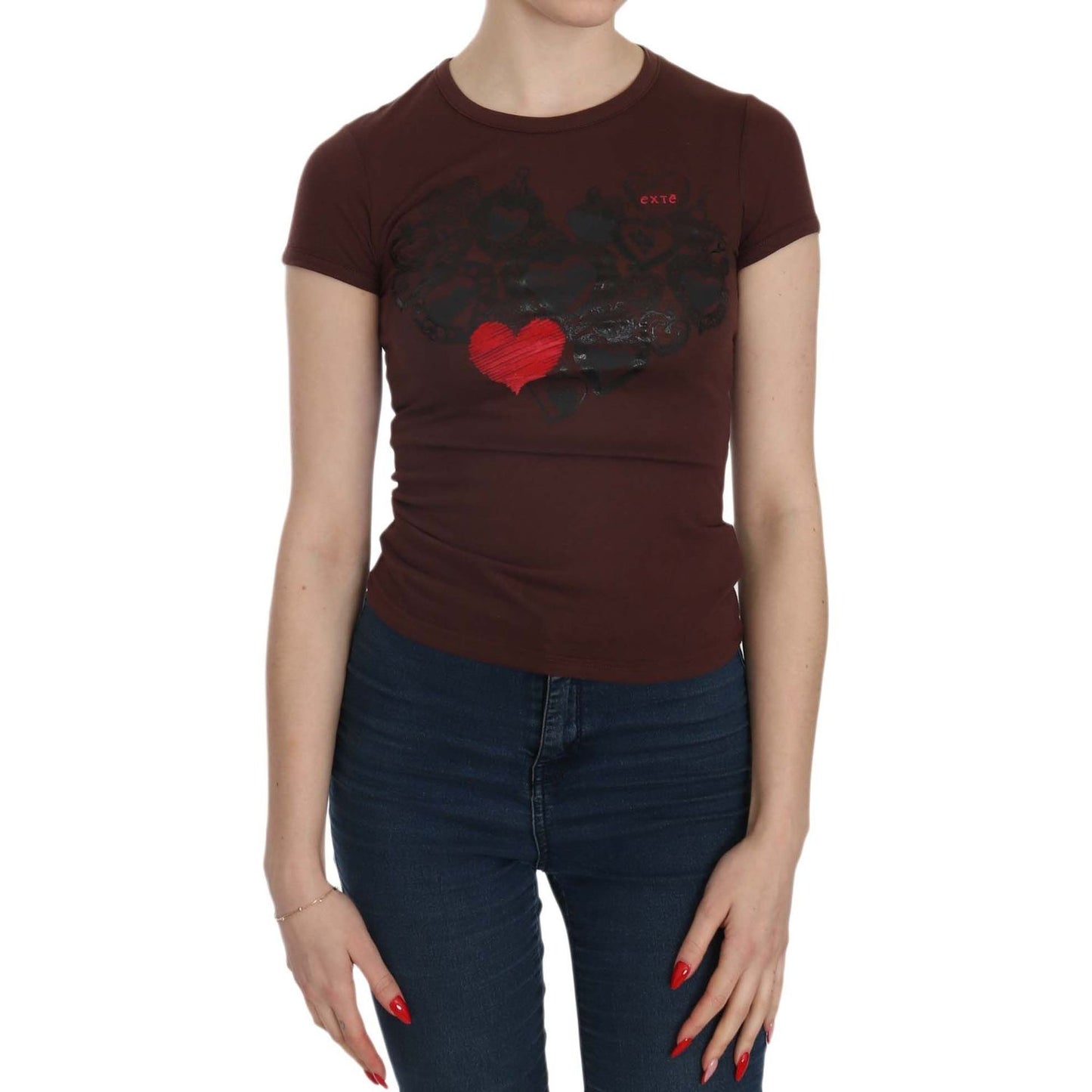 Exte Chic Brown Hearts Print Crew Neck Blouse Exte Rosy Brown