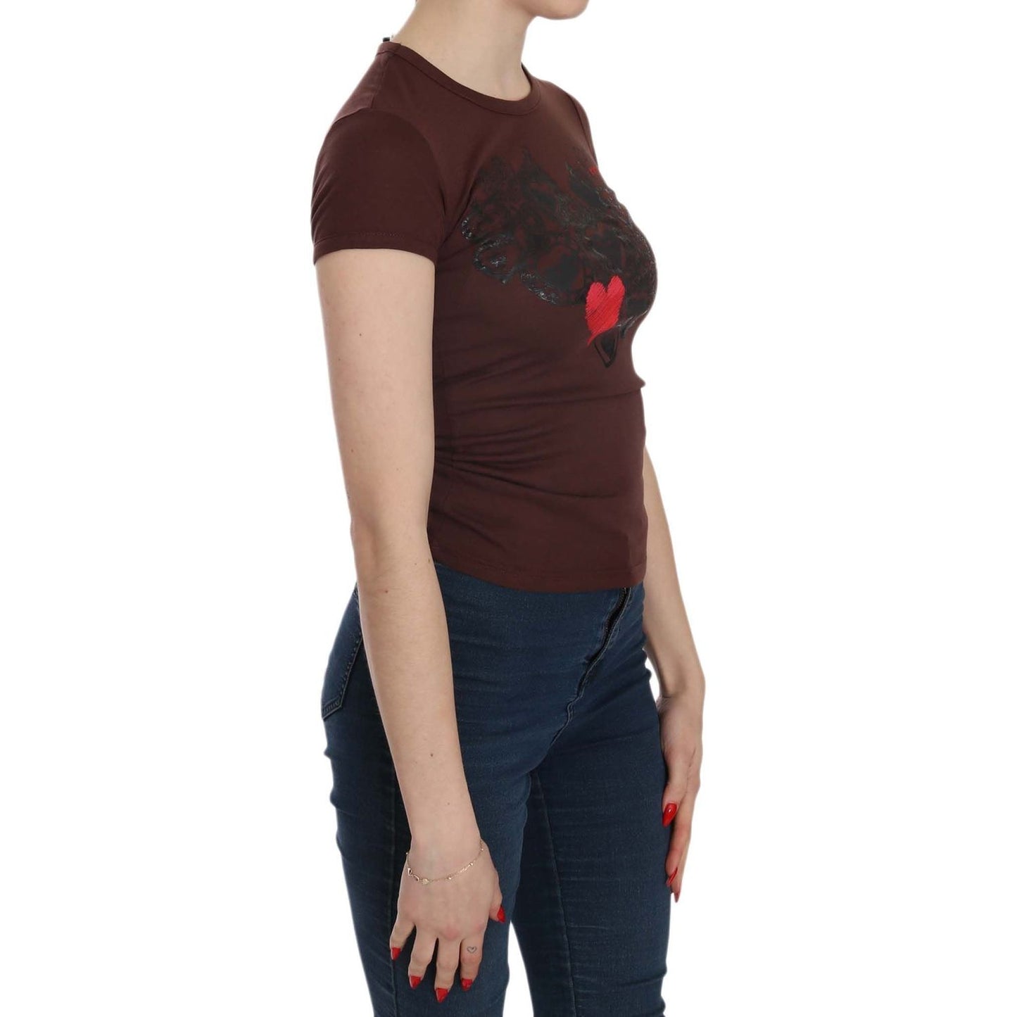 Exte Chic Brown Hearts Print Crew Neck Blouse Exte Rosy Brown