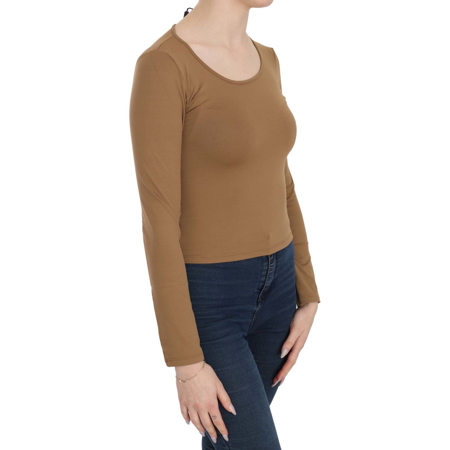 GF Ferre Brown Long Round Neck Sleeve Fitted Shirt Tops Blouse