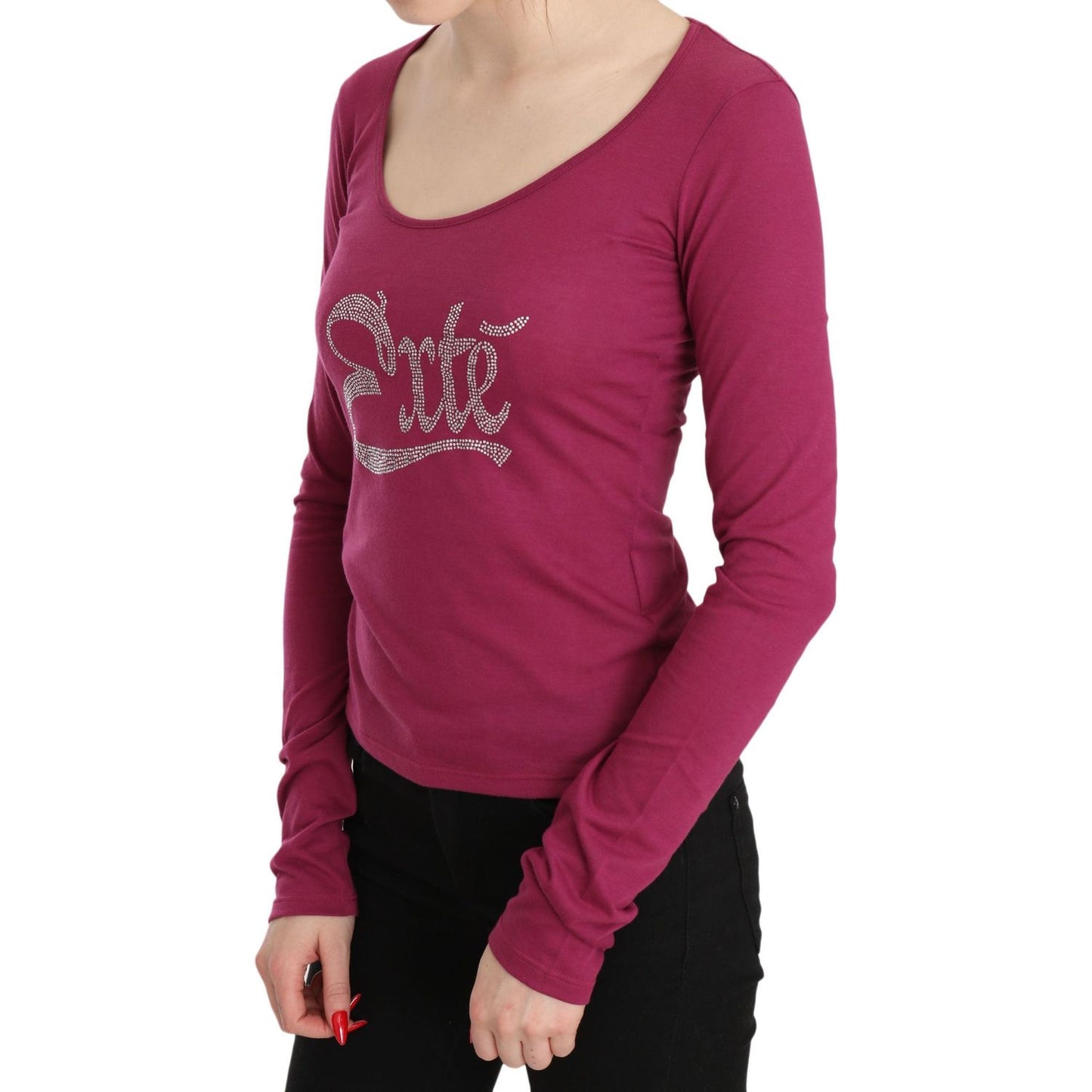 Exte Elegant Pink Crystal Embellished Long Sleeve Top Exte Brown