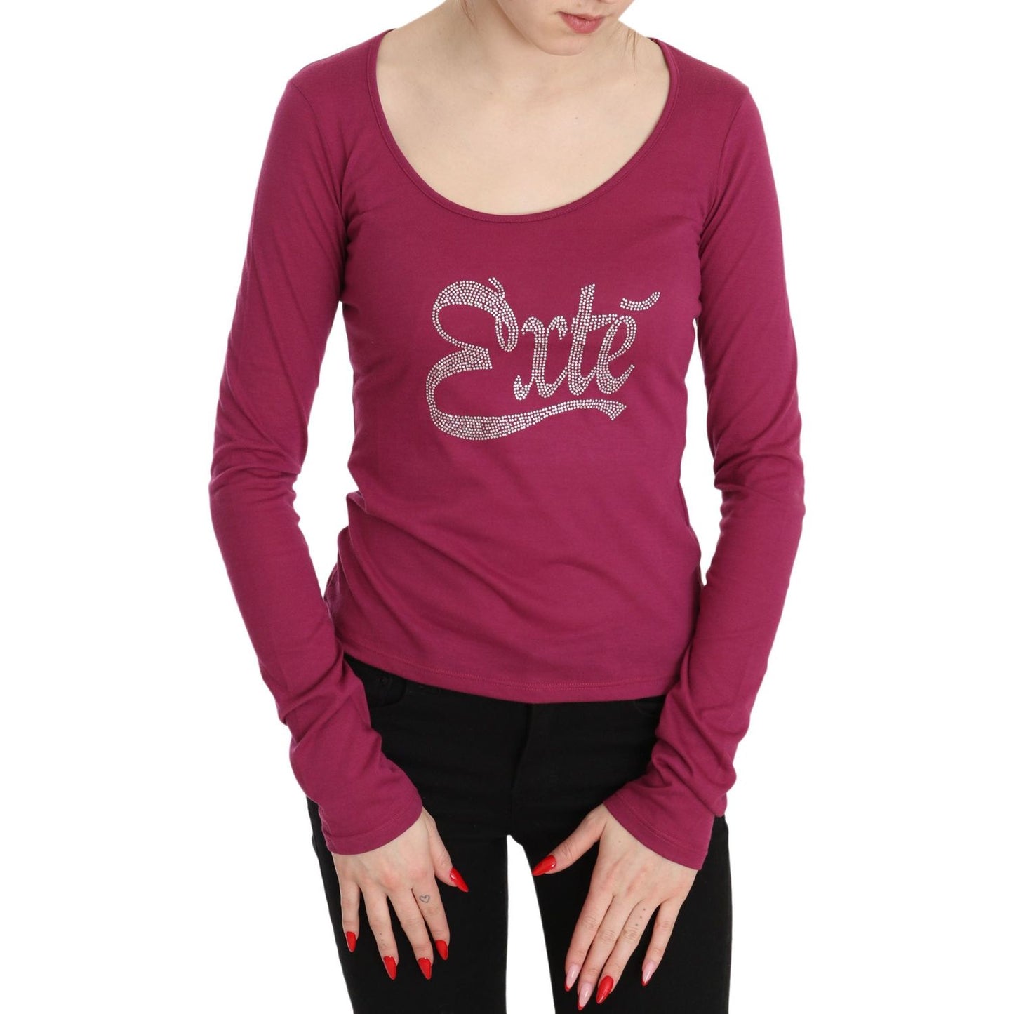 Exte Elegant Pink Crystal Embellished Long Sleeve Top Exte Maroon