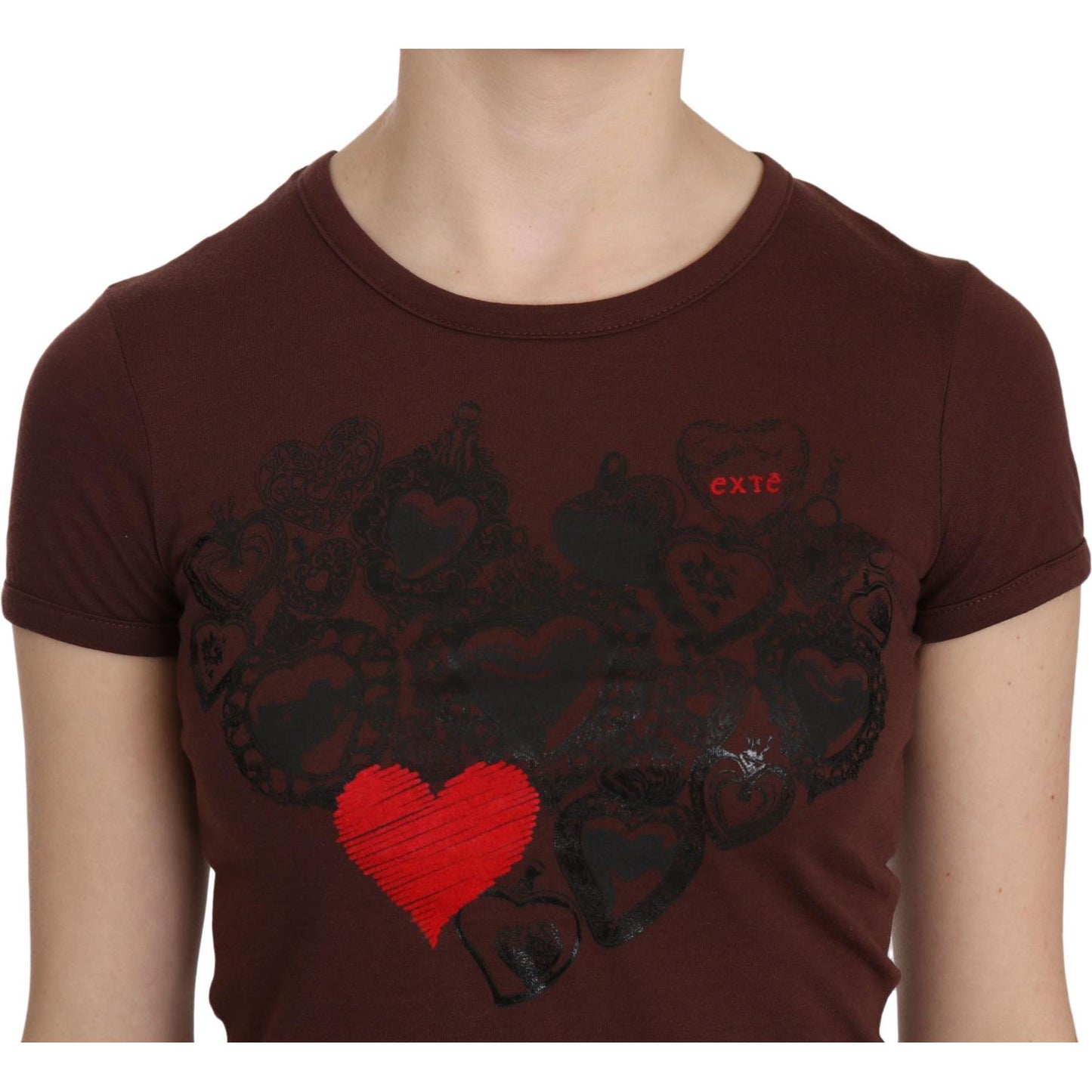 Exte Chic Brown Heart Print Crew Neck Top Exte Black