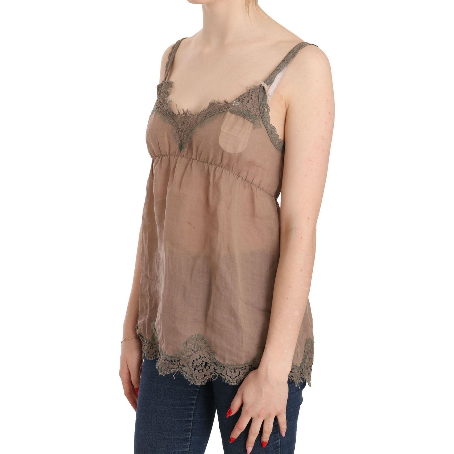 PINK MEMORIES Elegant Lace Brown Linen Blouse PINK MEMORIES Rosy Brown
