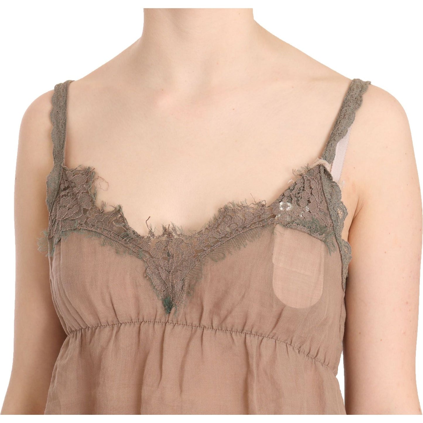 PINK MEMORIES Elegant Lace Brown Linen Blouse PINK MEMORIES Tan