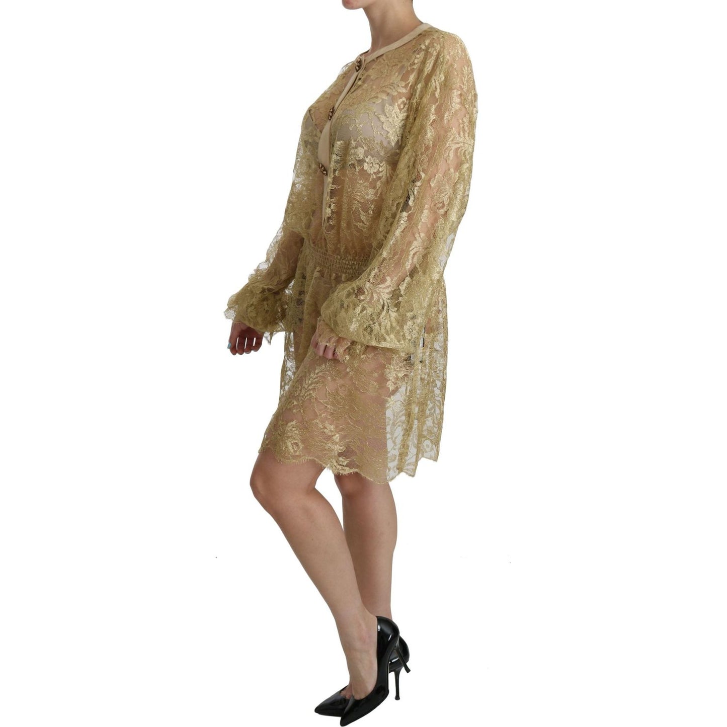 Dolce & Gabbana Elegant Gold Lace A-Line Knee Length Dress Dolce & Gabbana Dim Gray