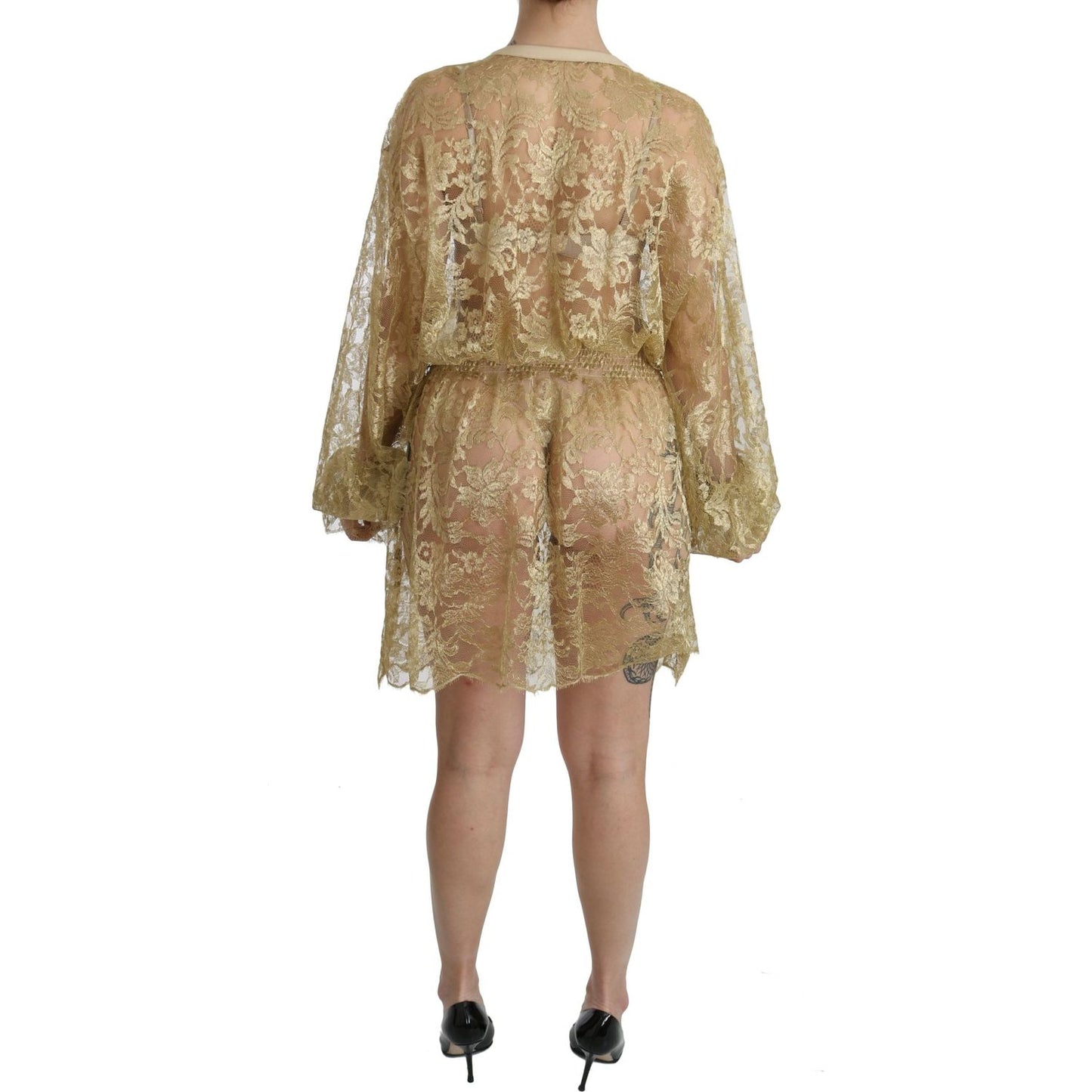 Dolce & Gabbana Elegant Gold Lace A-Line Knee Length Dress Dolce & Gabbana Rosy Brown