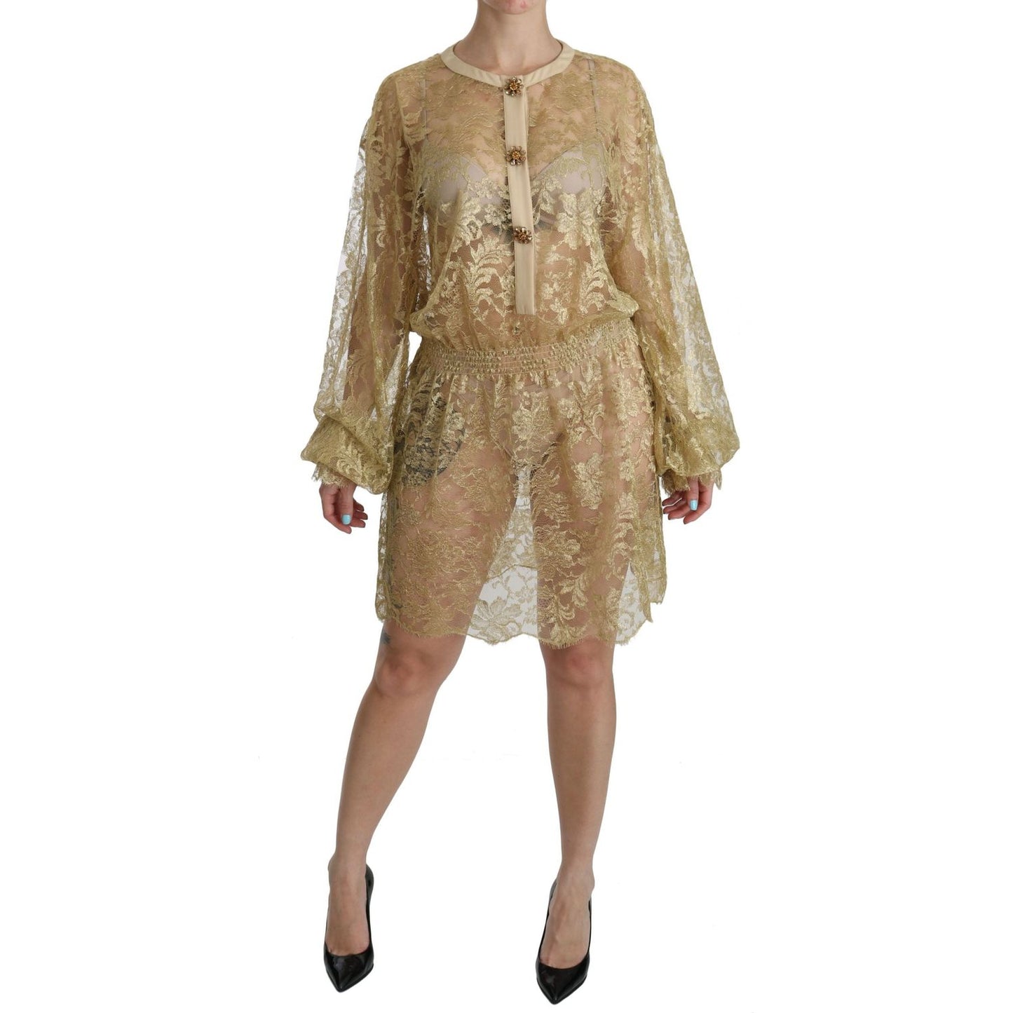 Dolce & Gabbana Elegant Gold Lace A-Line Knee Length Dress Dolce & Gabbana Rosy Brown