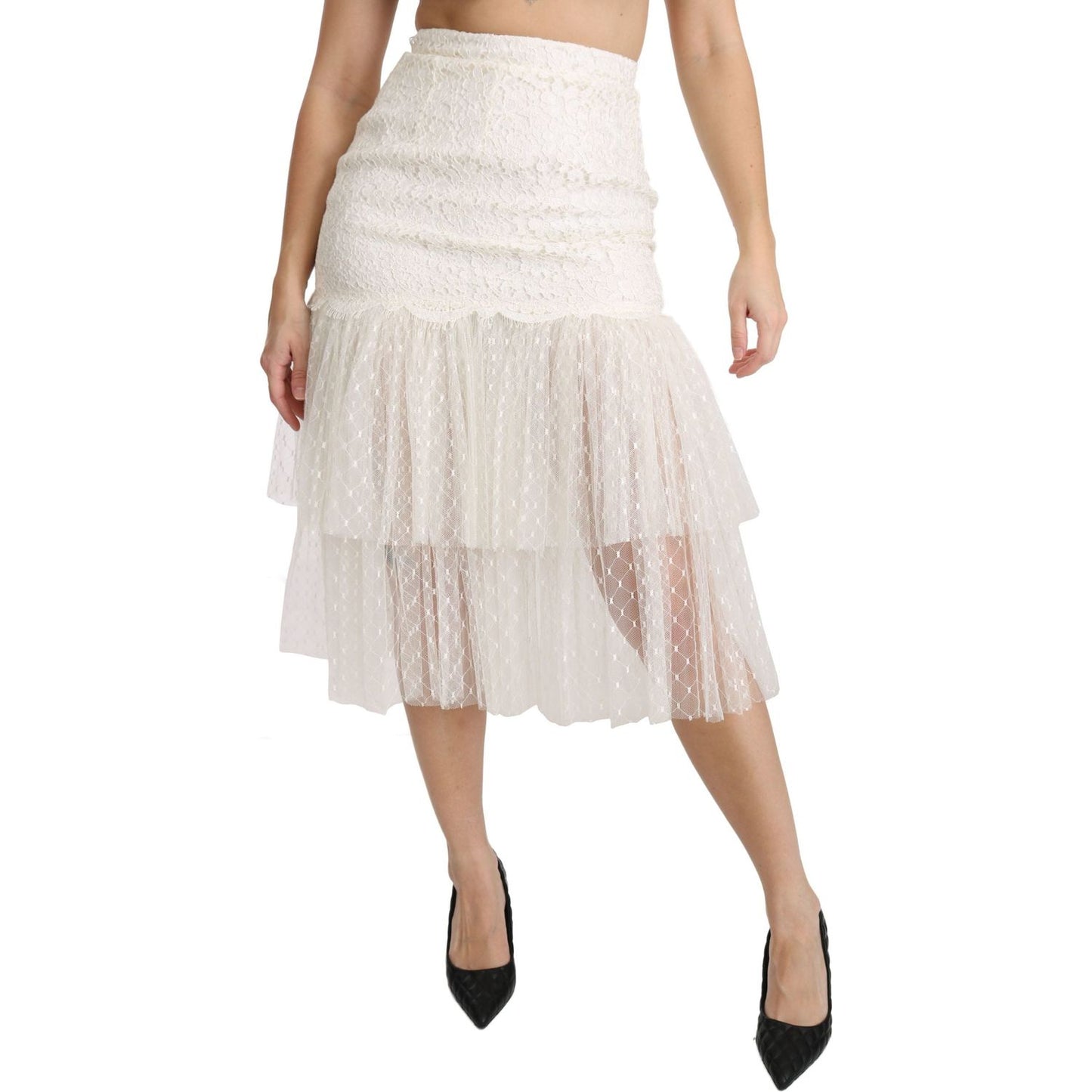 Dolce & Gabbana Elegant White Lace High-Waist Skirt Dolce & Gabbana Light Gray