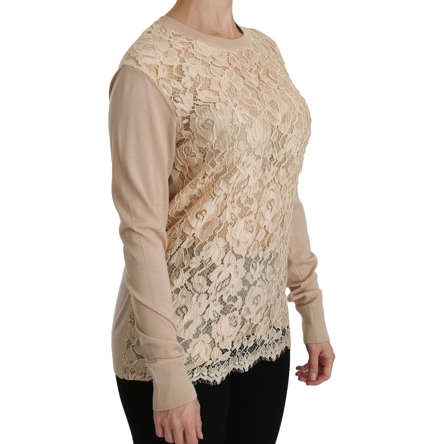 Dolce & Gabbana Elegant Beige Lace Crew Neck Cashmere Blouse Dolce & Gabbana Rosy Brown