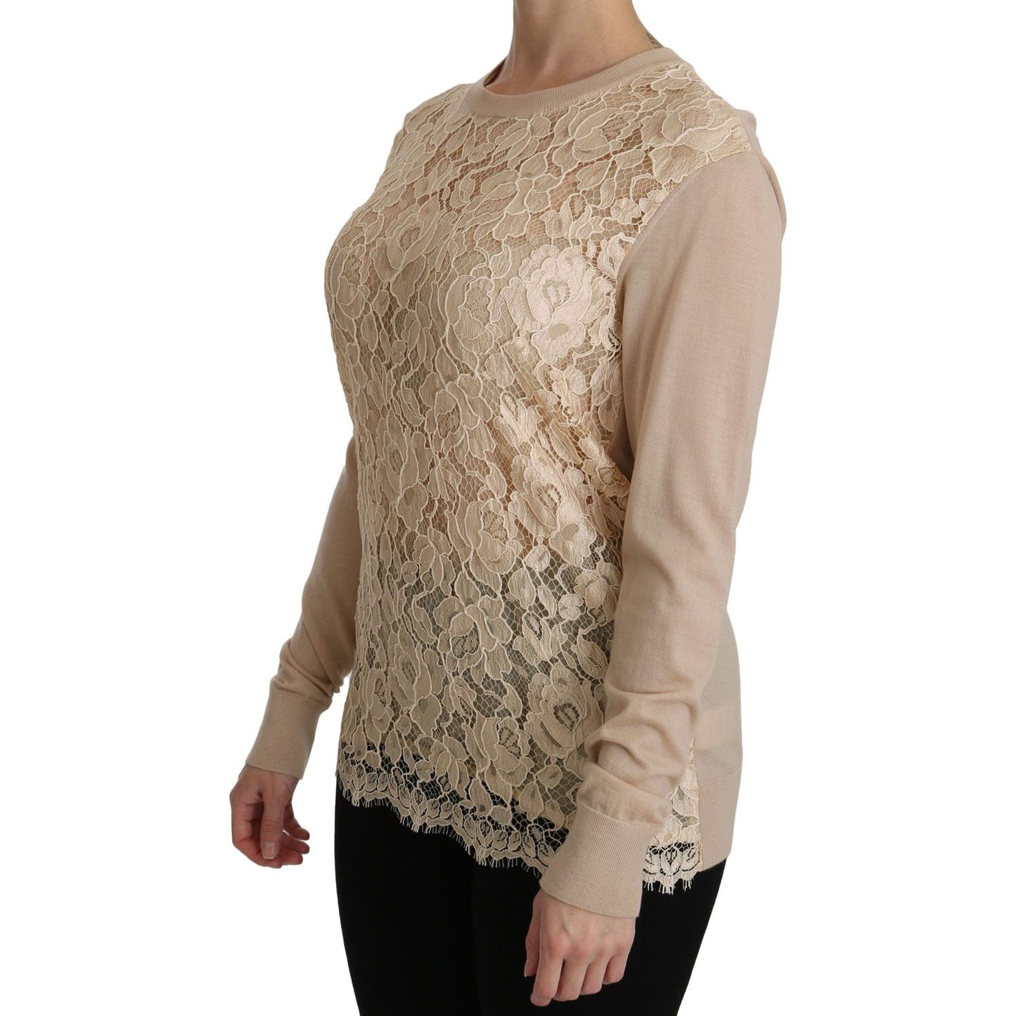Dolce & Gabbana Elegant Beige Lace Crew Neck Cashmere Blouse Dolce & Gabbana Rosy Brown