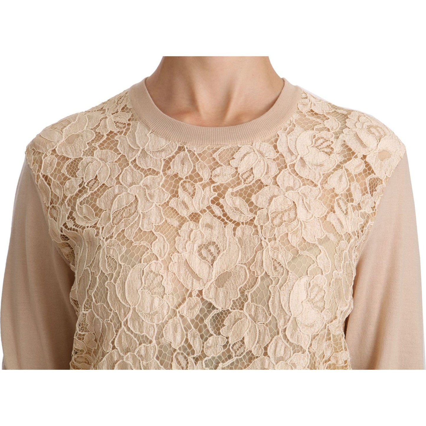 Dolce & Gabbana Elegant Beige Lace Crew Neck Cashmere Blouse Dolce & Gabbana Tan