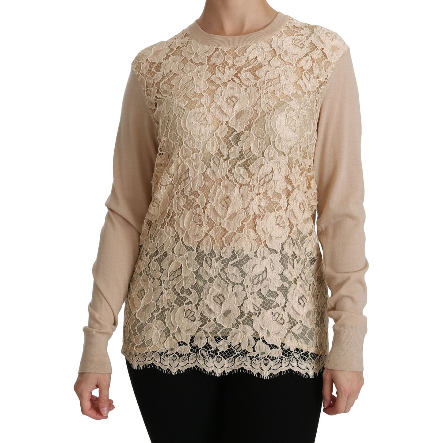 Dolce & Gabbana Elegant Beige Lace Crew Neck Cashmere Blouse Dolce & Gabbana Rosy Brown