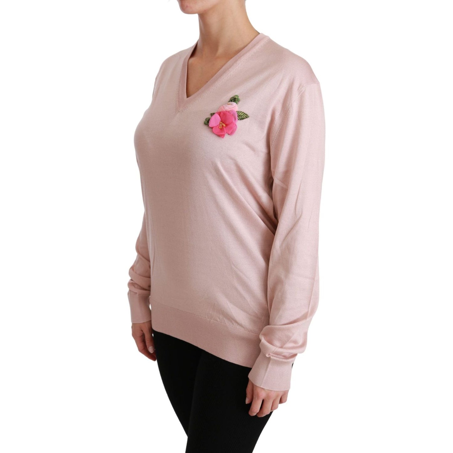 Dolce & Gabbana Pink Floral Silk V-Neck Sweater Dolce & Gabbana Rosy Brown
