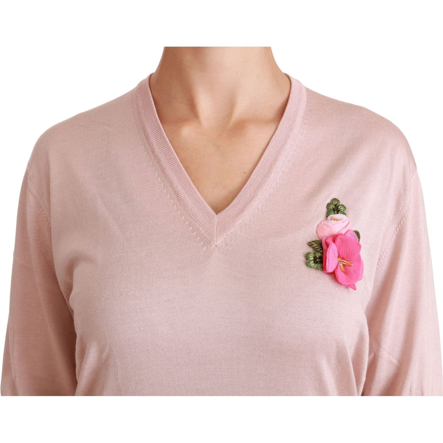 Dolce & Gabbana Pink Floral Silk V-Neck Sweater Dolce & Gabbana Gray