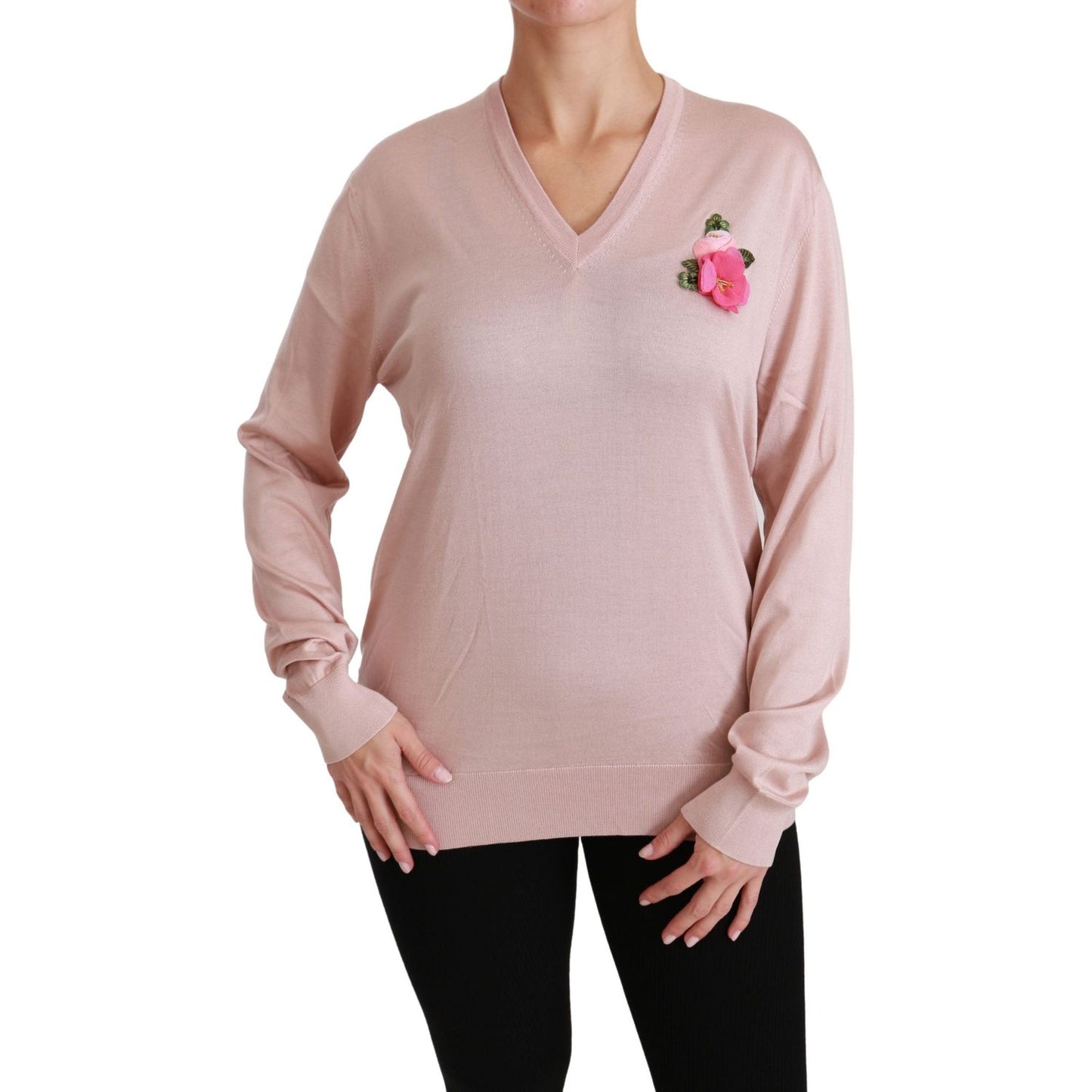 Dolce & Gabbana Pink Floral Silk V-Neck Sweater Dolce & Gabbana Tan