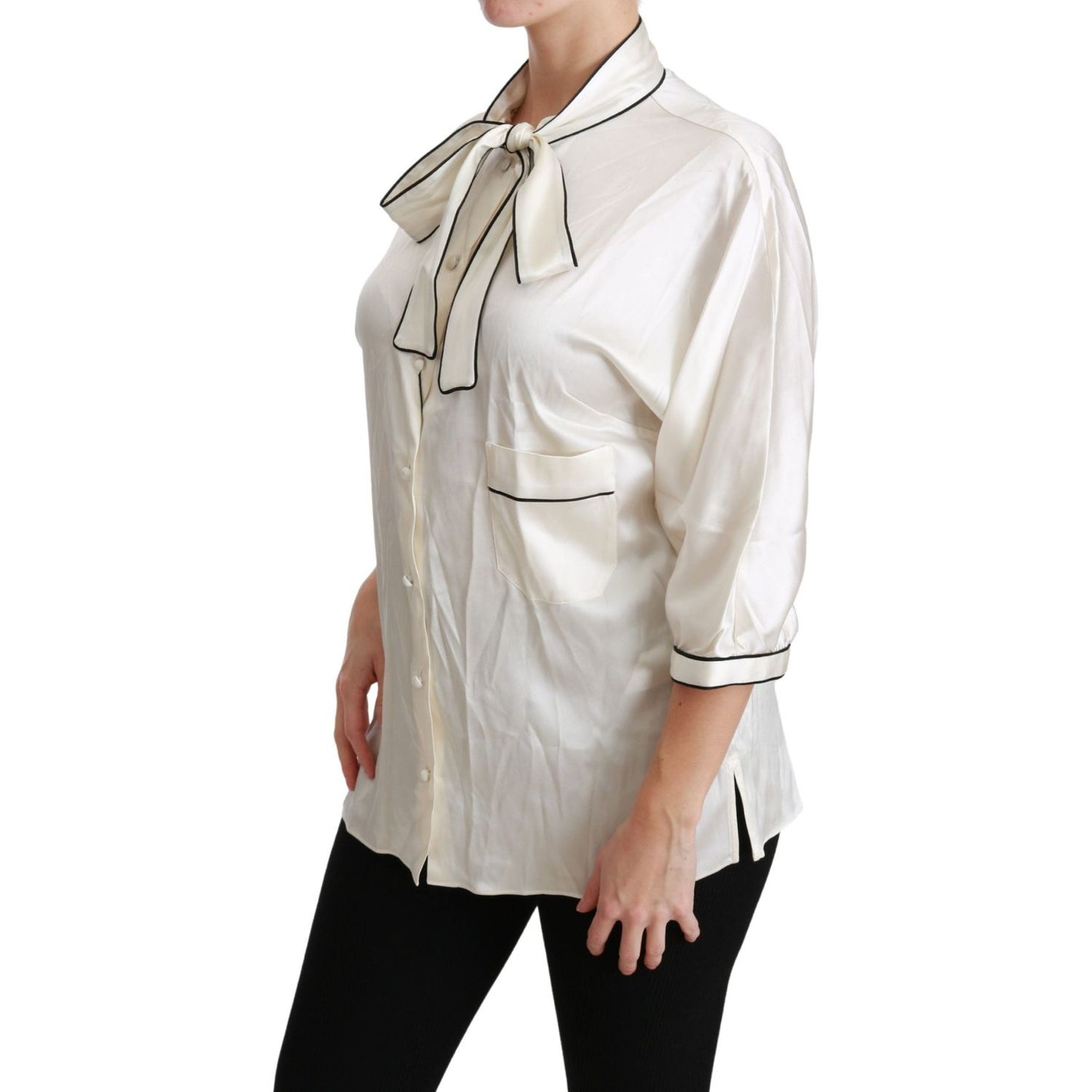 Dolce & Gabbana Elegant Beige Silk Blouse with Bow Scarf Dolce & Gabbana Gray