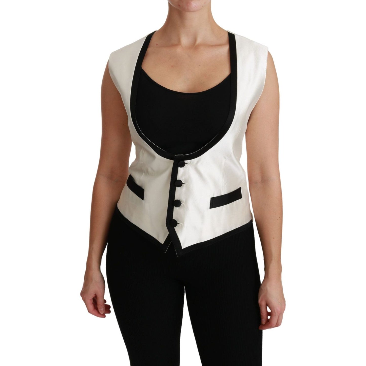 Dolce & Gabbana Elegant Silk Sleeveless Vest in Black & White Dolce & Gabbana Tan