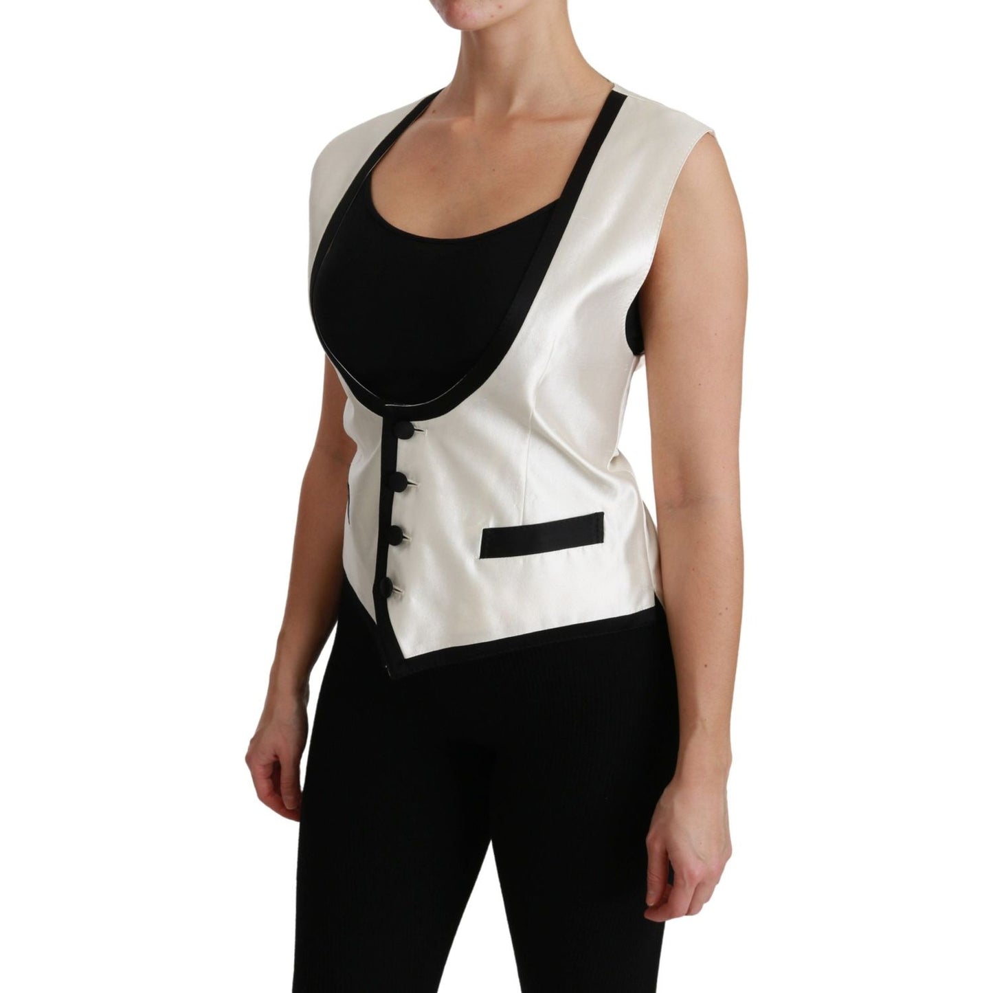 Dolce & Gabbana Elegant Silk Sleeveless Vest in Black & White Dolce & Gabbana Tan