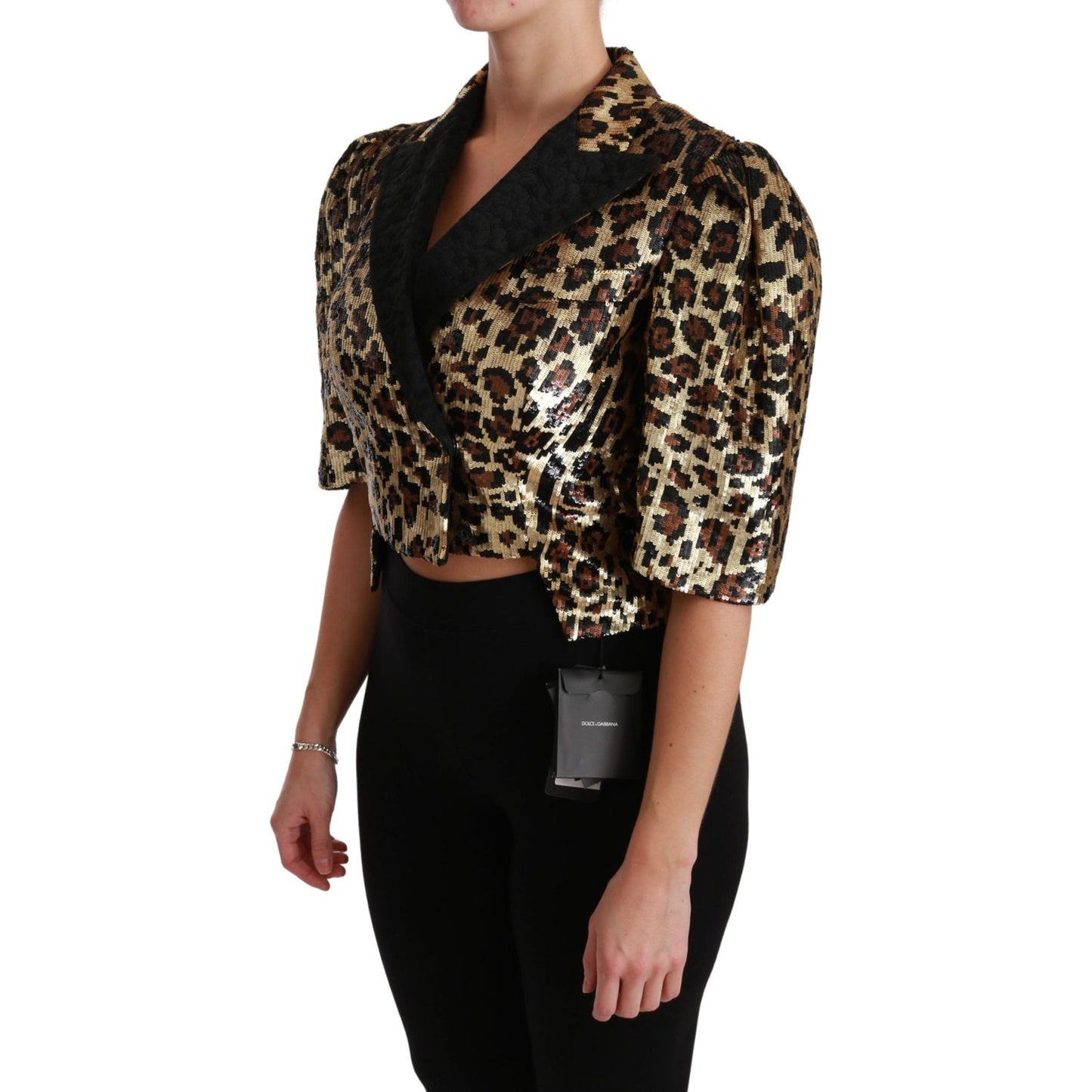 Dolce & Gabbana Gold Leopard Print Short Sleeve Blazer Coats & Jackets Dolce & Gabbana Rosy Brown