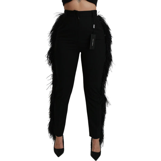 Dolce & Gabbana Black Feather Straight High Waist Wool Pants Pants