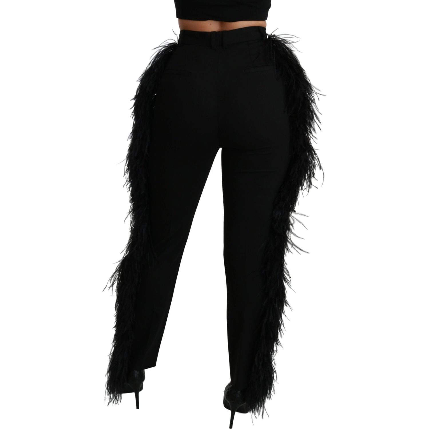 Dolce & Gabbana Black Feather Straight High Waist Wool Pants