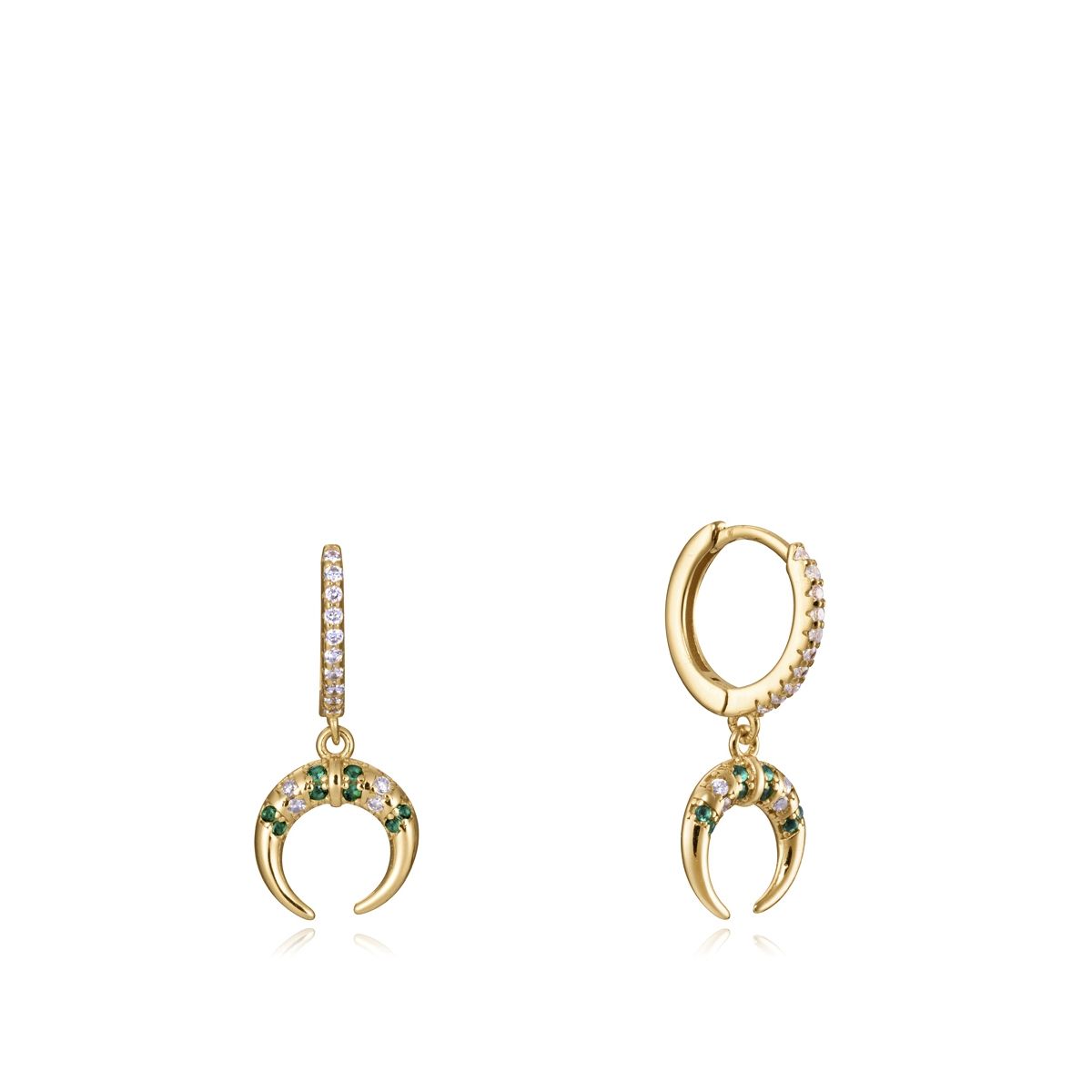 Elegant gold crescent earrings with gemstones, suitable for any occasion.