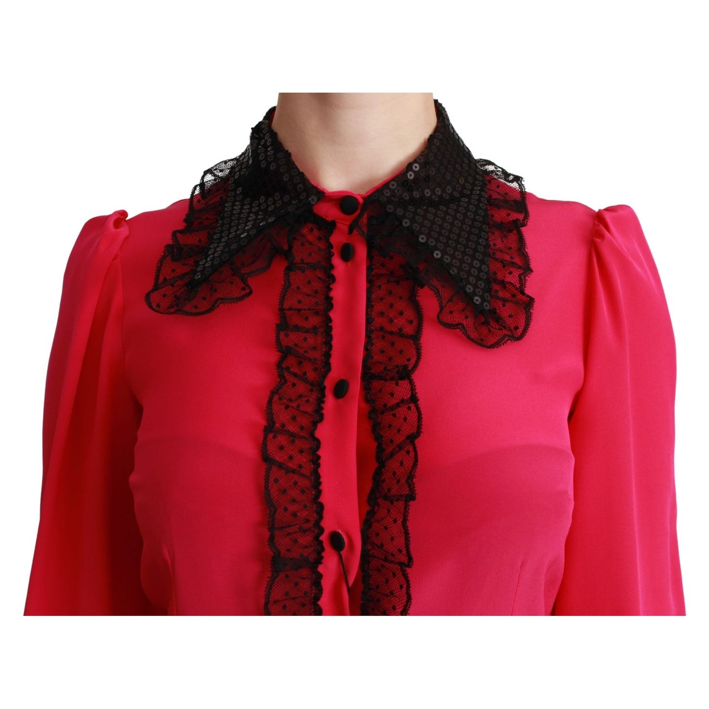 Dolce & Gabbana Pink Silk Black Sequin Lace Shirt Blouse TSH2673-40