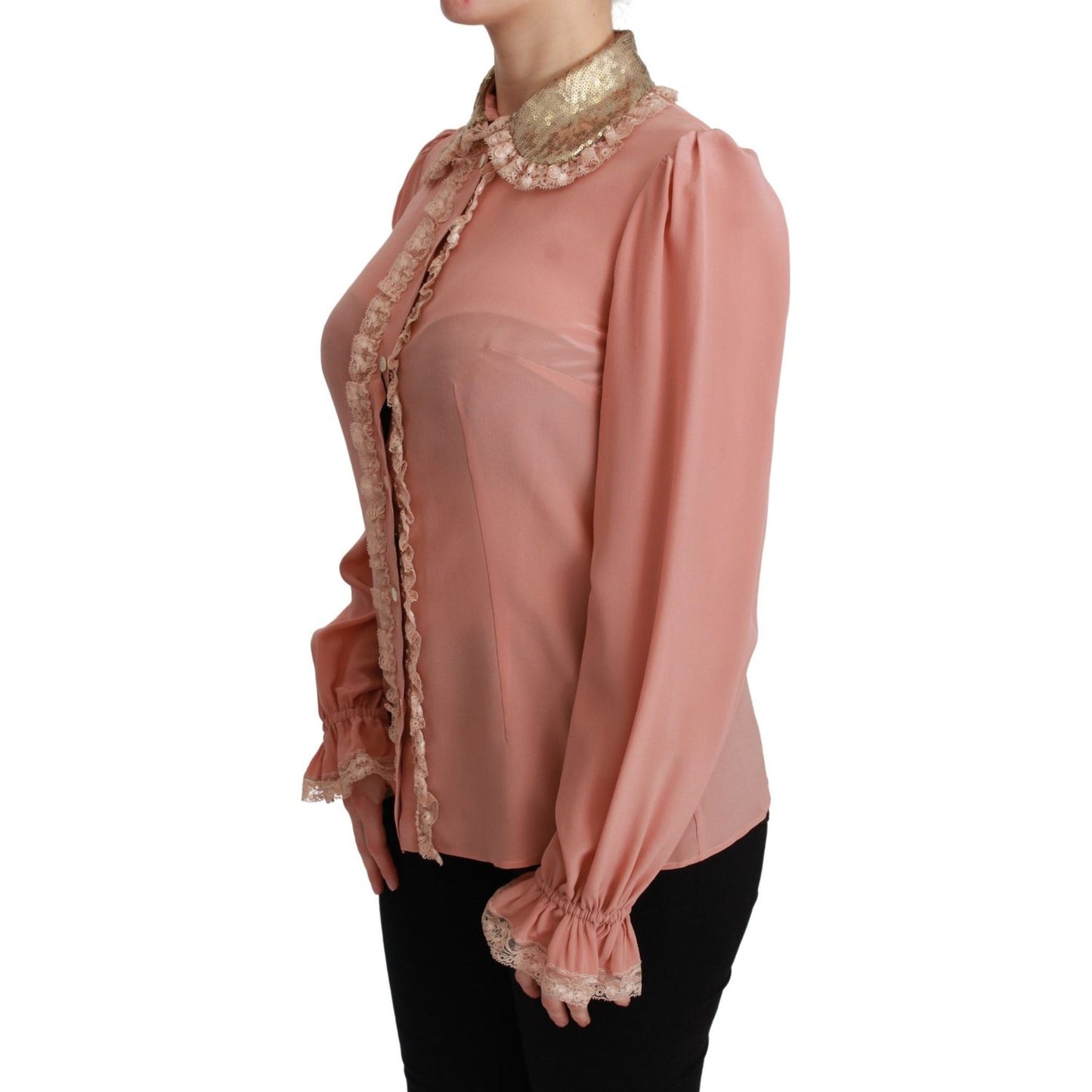 Dolce & Gabbana Elegant Pink Lace Silk Blouse with Gold Sequins Dolce & Gabbana Rosy Brown