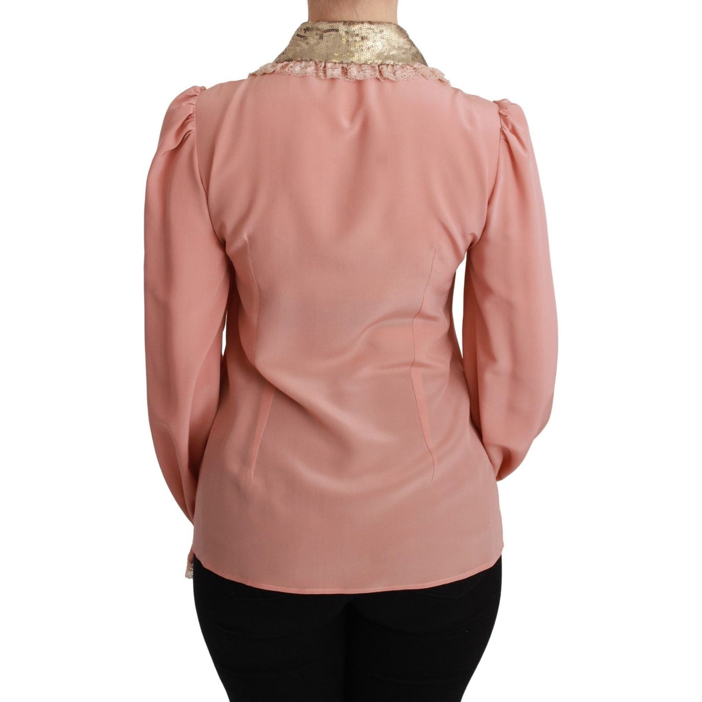 Dolce & Gabbana Elegant Pink Lace Silk Blouse with Gold Sequins Dolce & Gabbana Rosy Brown