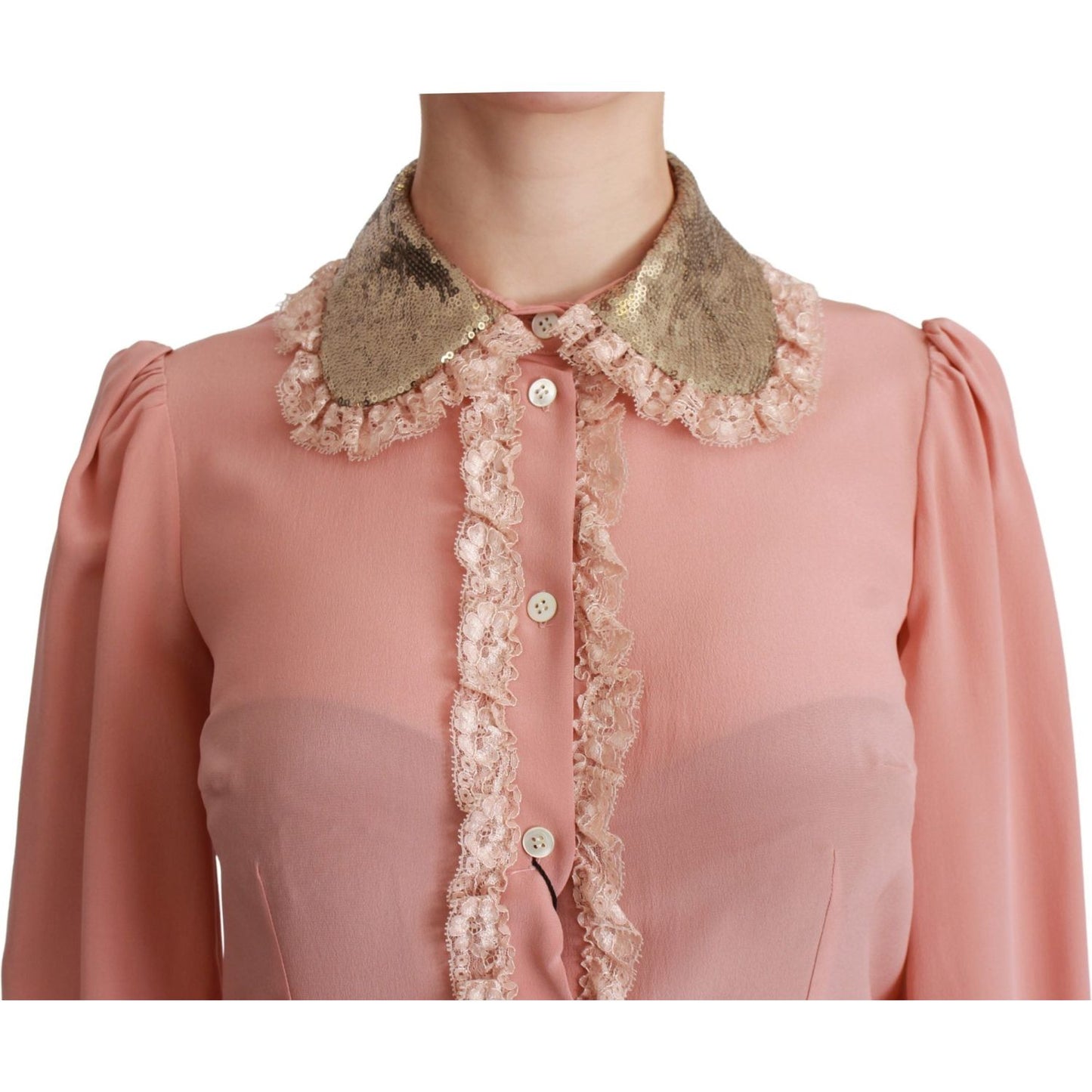 Dolce & Gabbana Elegant Pink Lace Silk Blouse with Gold Sequins Dolce & Gabbana Rosy Brown
