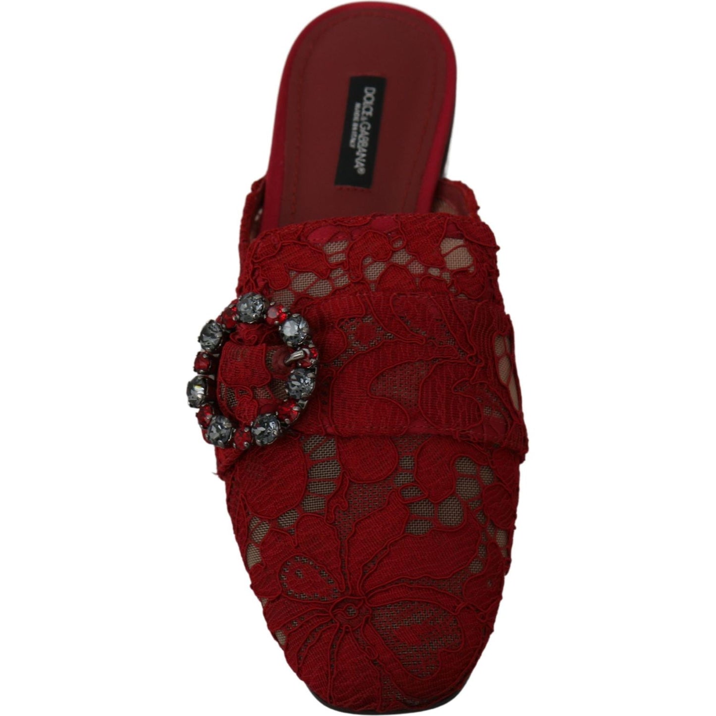 Dolce & Gabbana Red Lace Crystal Slide On Flats Shoes Dolce & Gabbana