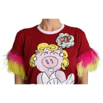 Dolce & Gabbana Red Pig Print Feather Sleeves T-shirt Top TSH4846-36