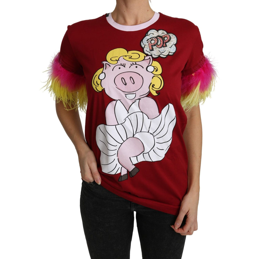 Dolce & Gabbana Red Pig Print Feather Sleeves T-shirt Top TSH4846-36