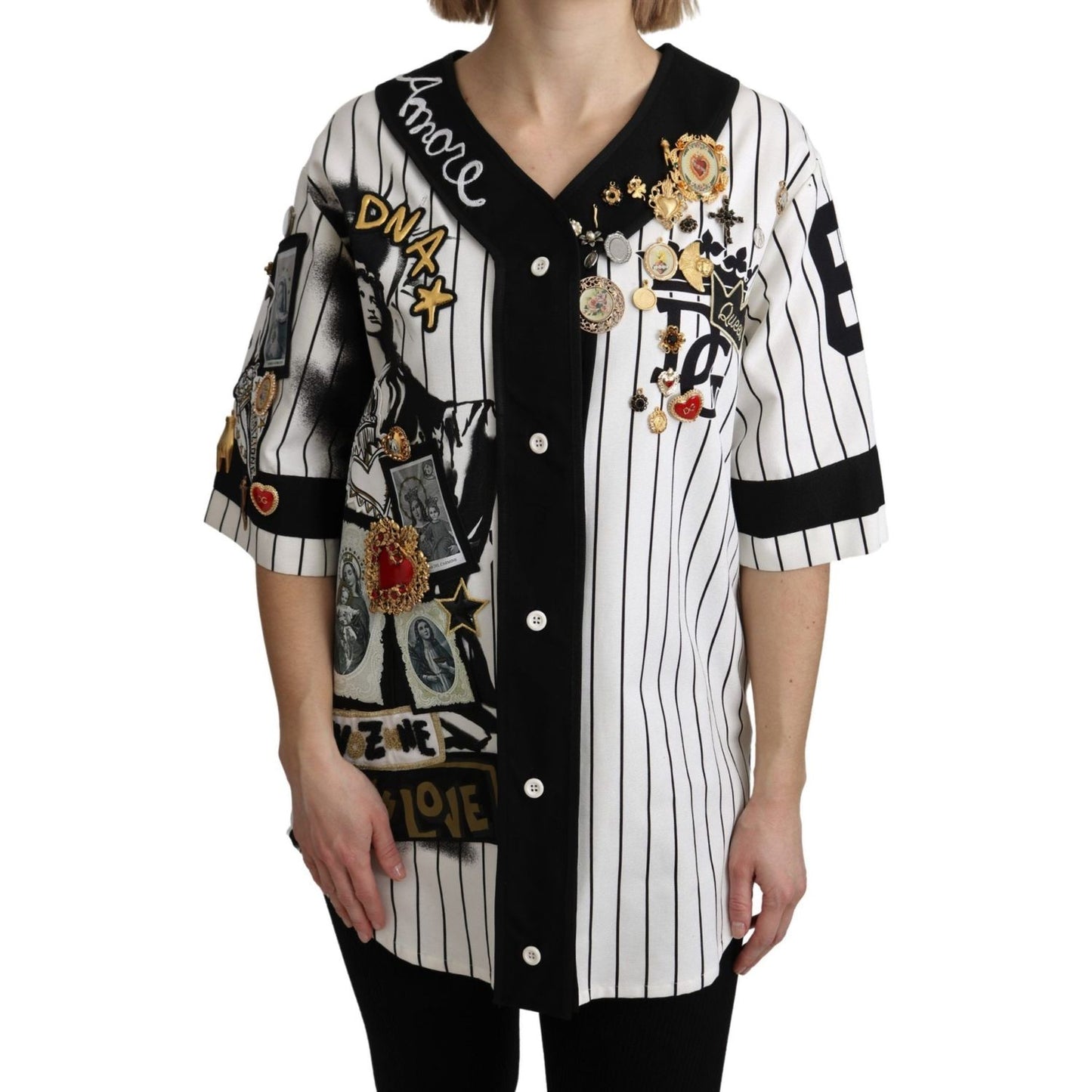 Dolce & Gabbana Elegant Striped V-Neck Charm Blouse Dolce & Gabbana Gray