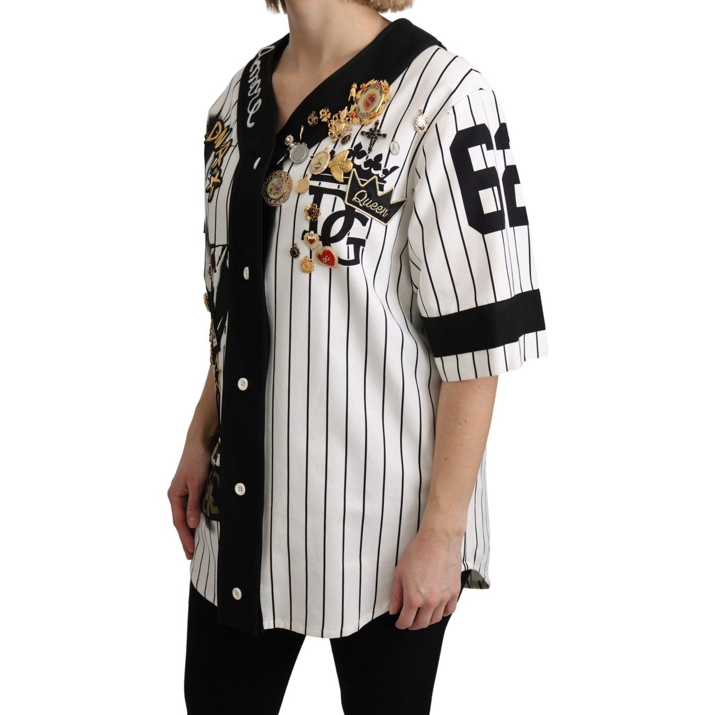 Dolce & Gabbana Elegant Striped V-Neck Charm Blouse Dolce & Gabbana Black